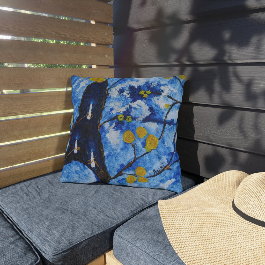 Cojín para exterior. Blue Floral Outdoor Pillow — Hand-Painted Branch & Yellow Blooms Patio Cushion