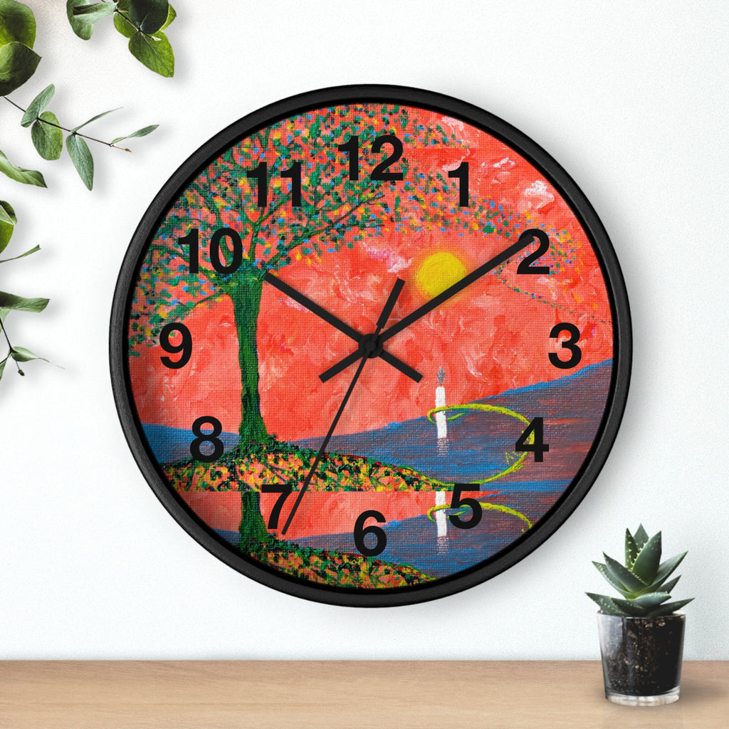 Sunset Reflection Wall Clock — Colorful Tree Lake Art Clock