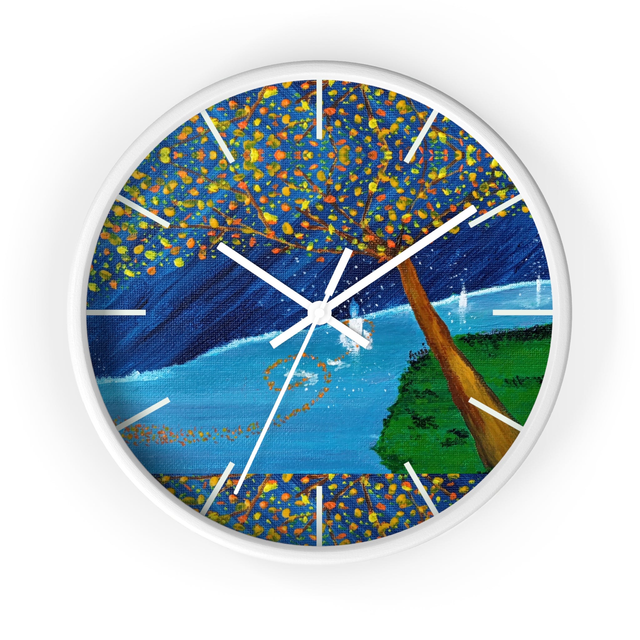 Coastal Tree Nightscape Wall Clock — Colorful Seaside Landscape Timepiece
