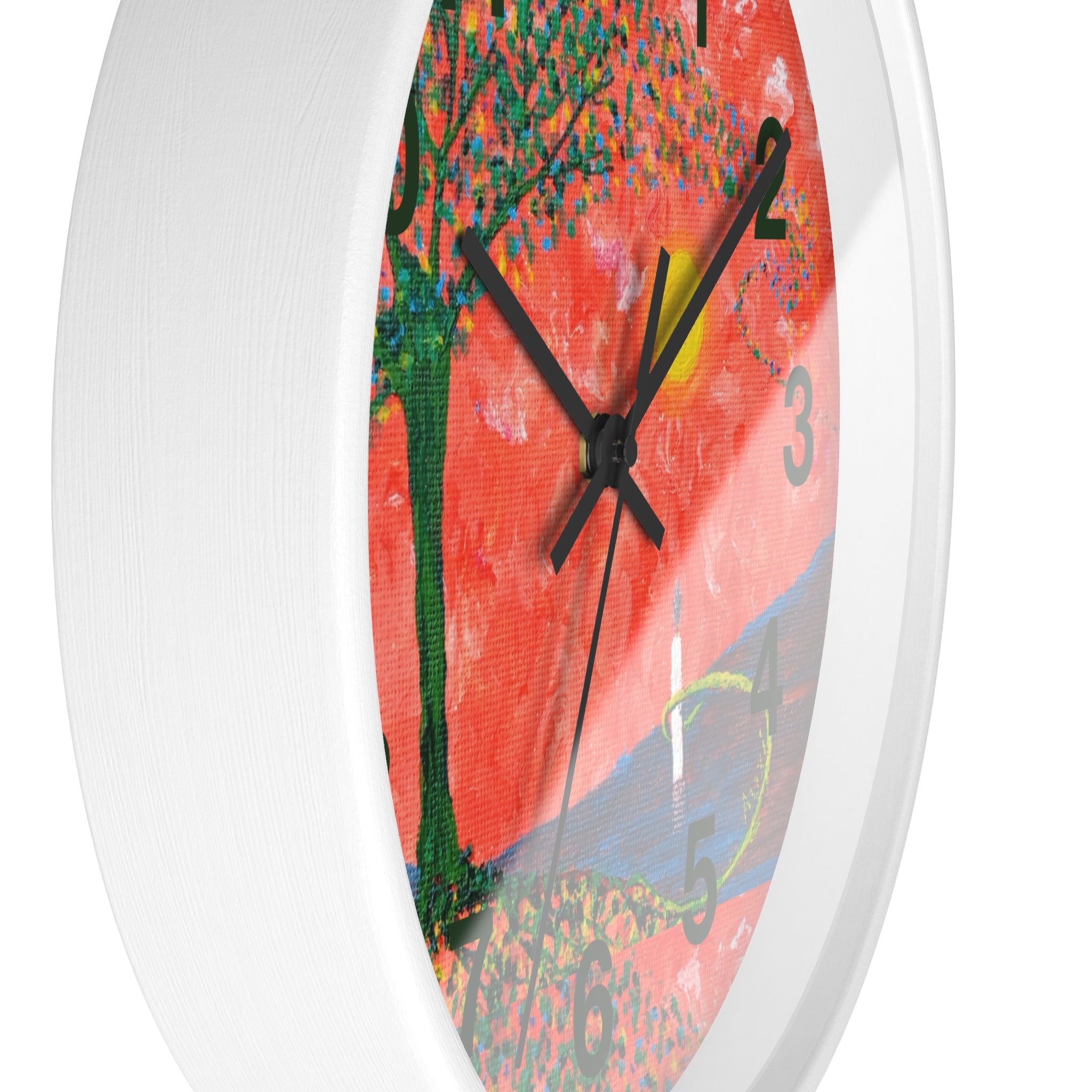 Sunset Reflection Wall Clock — Colorful Tree Lake Art Clock