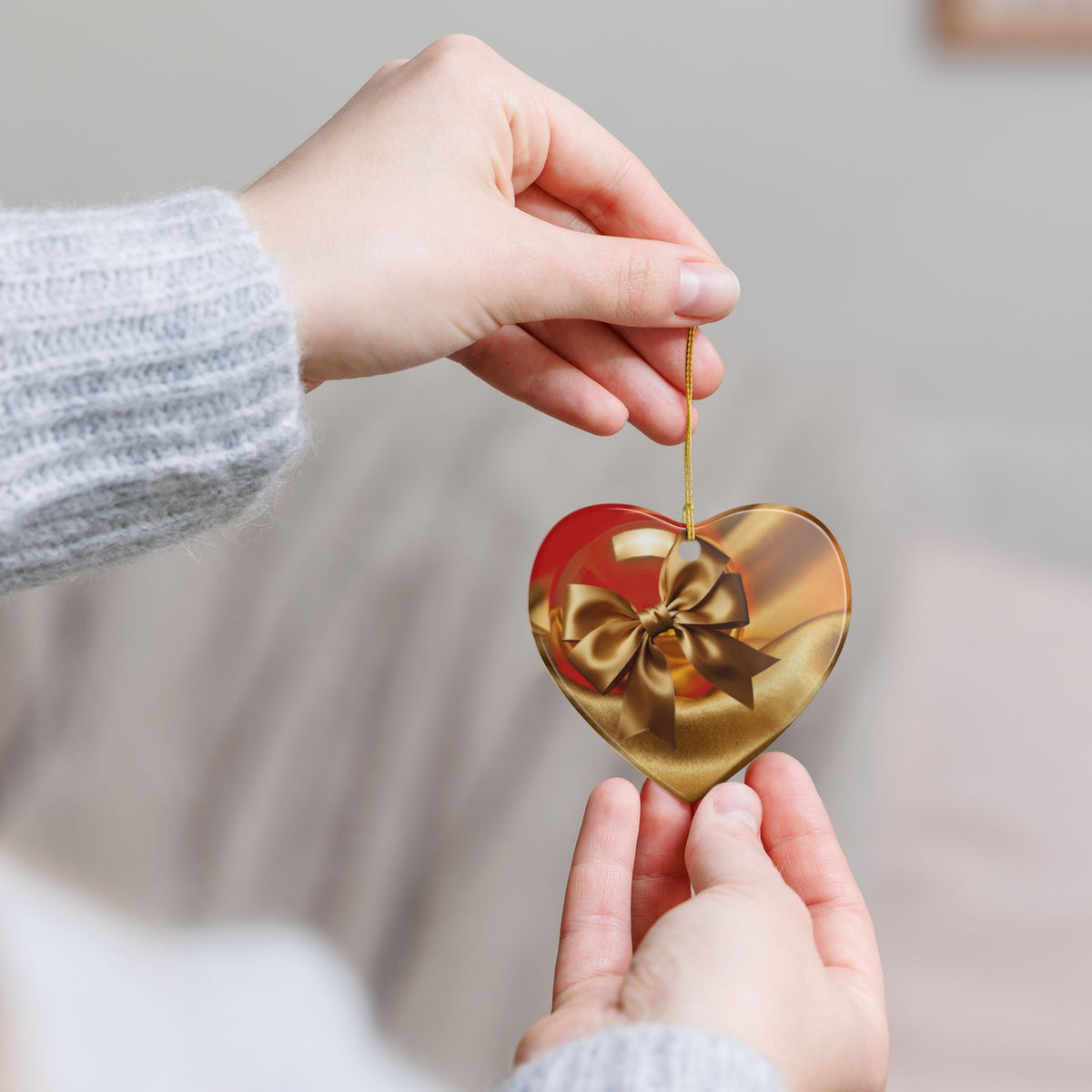 Gold Bow Heart Ceramic Ornament —