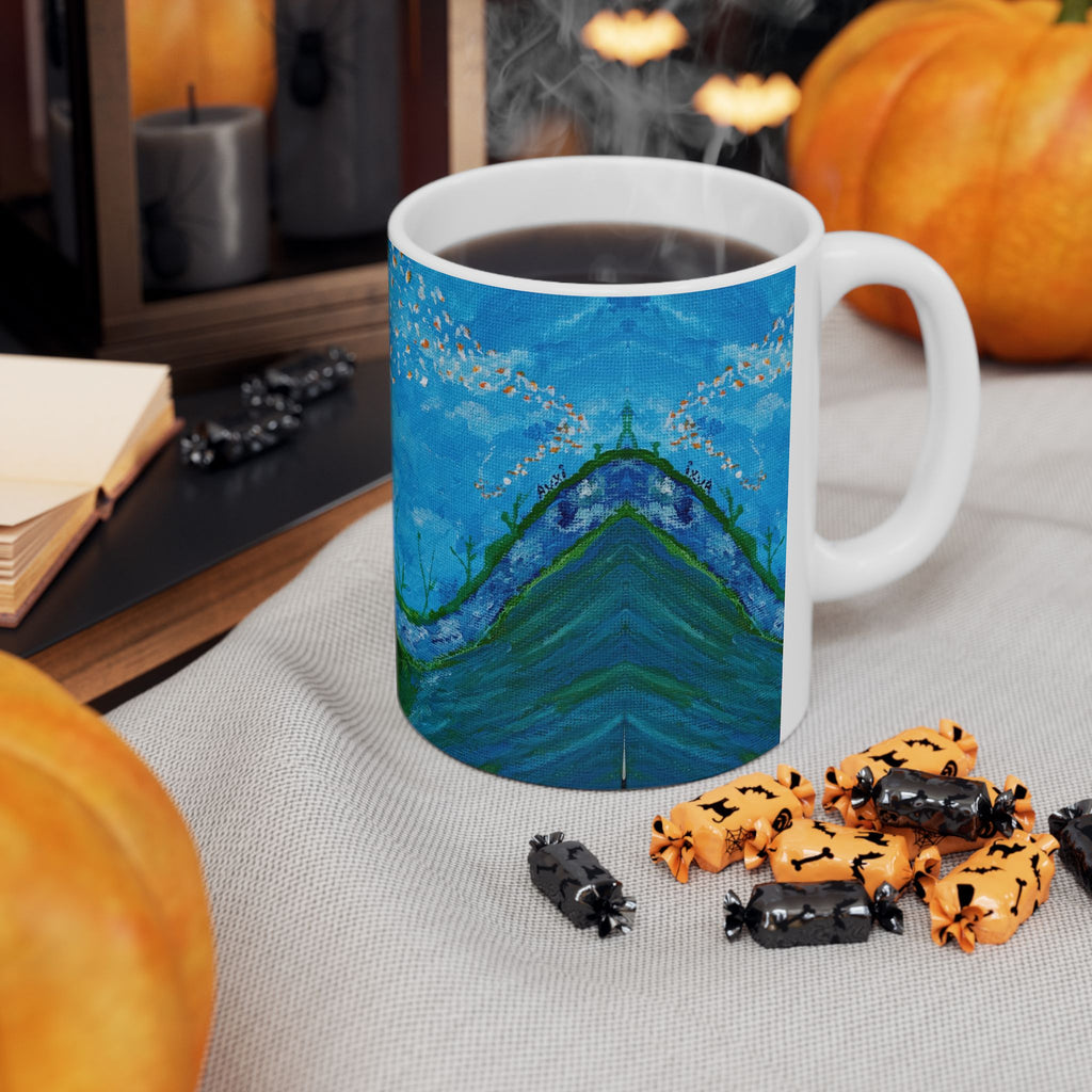 Floral Dreamscape Ceramic Mug — Blue Dandelion Art (11oz/15oz)