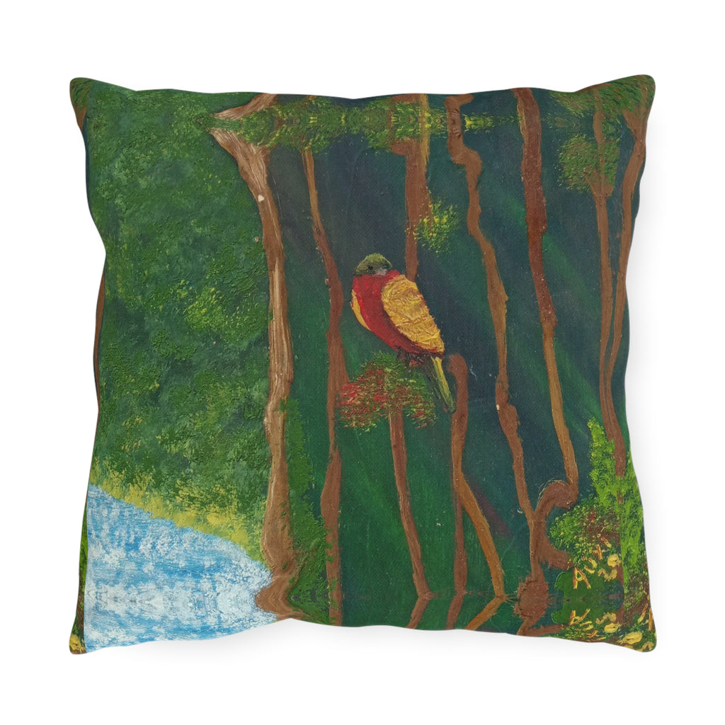 Outdoor Pillow — Hand-Painted Forest Bird Design