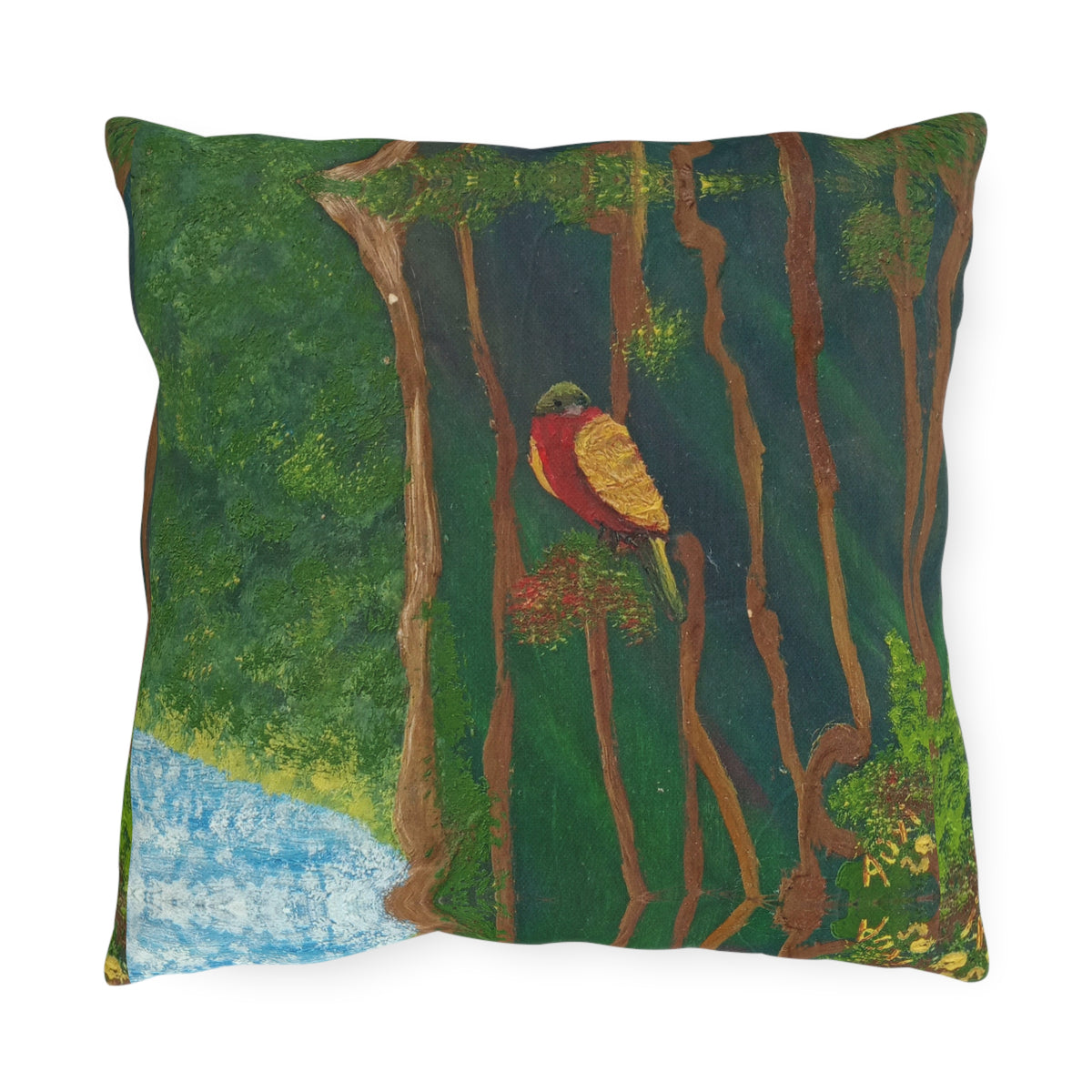 Outdoor Pillow — Hand-Painted Forest Bird Design