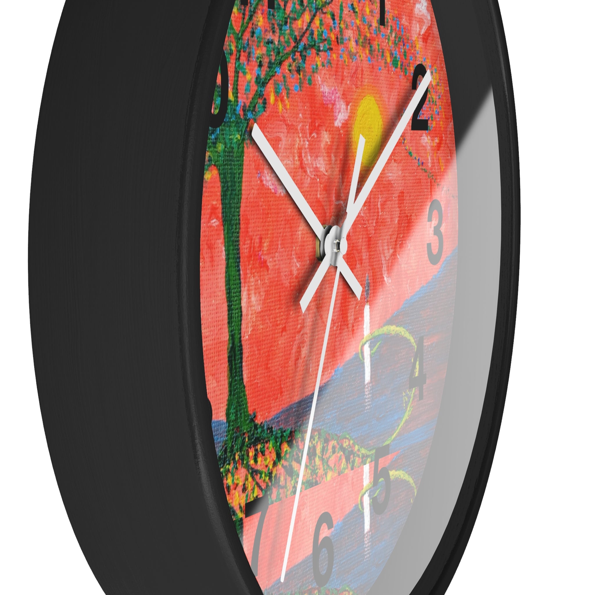 Sunset Reflection Wall Clock — Colorful Tree Lake Art Clock