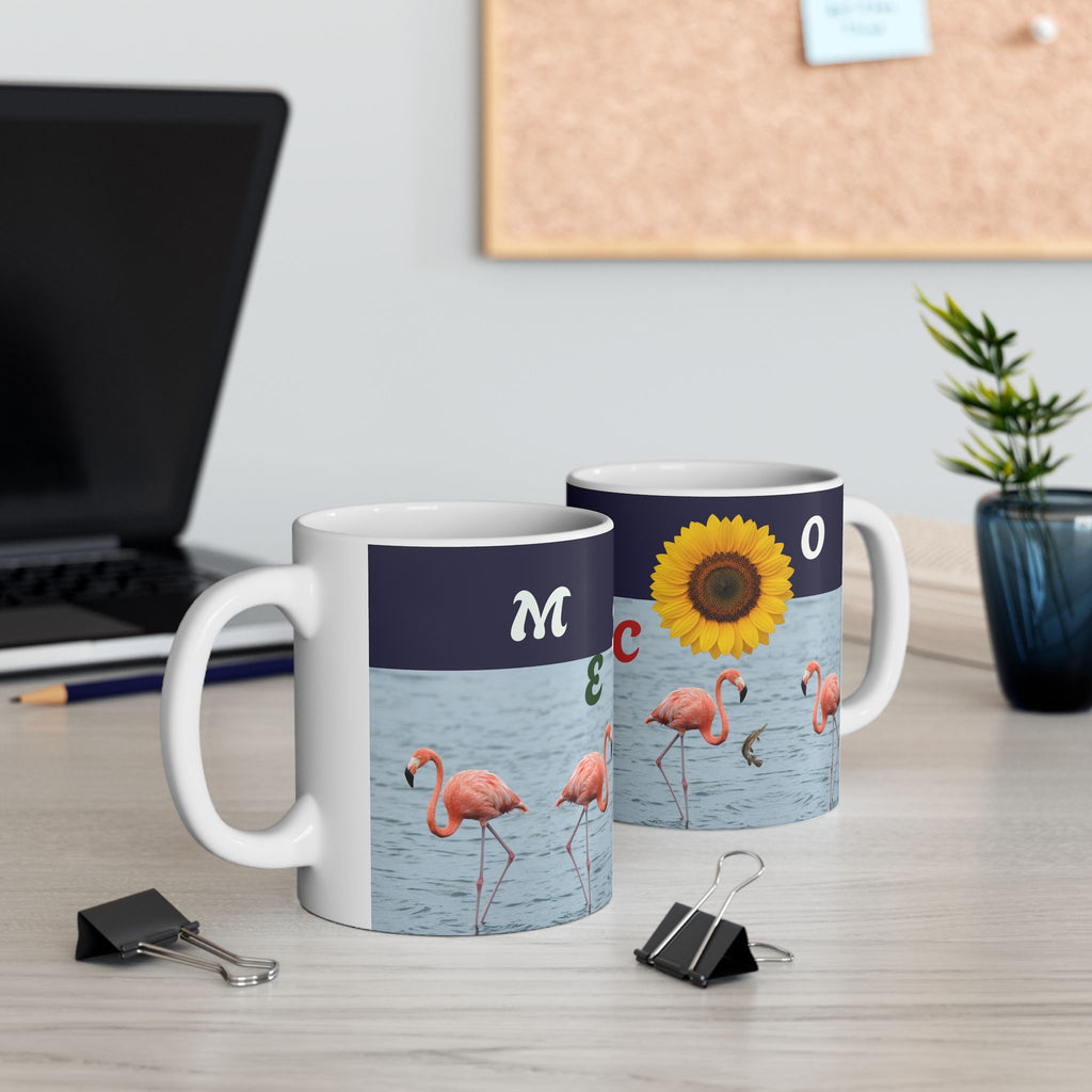 Flamingo & Sunflower Ceramic Mug (11oz, 15oz) - Tropical Bird Coffee Cup