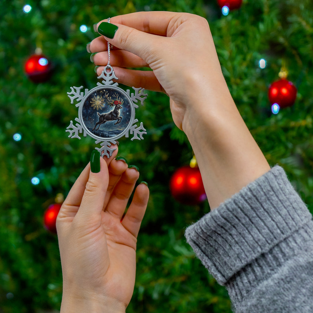 Pewter Snowflake Ornament with Magical Reindeer Globe — Holiday Christmas Tree Decoration