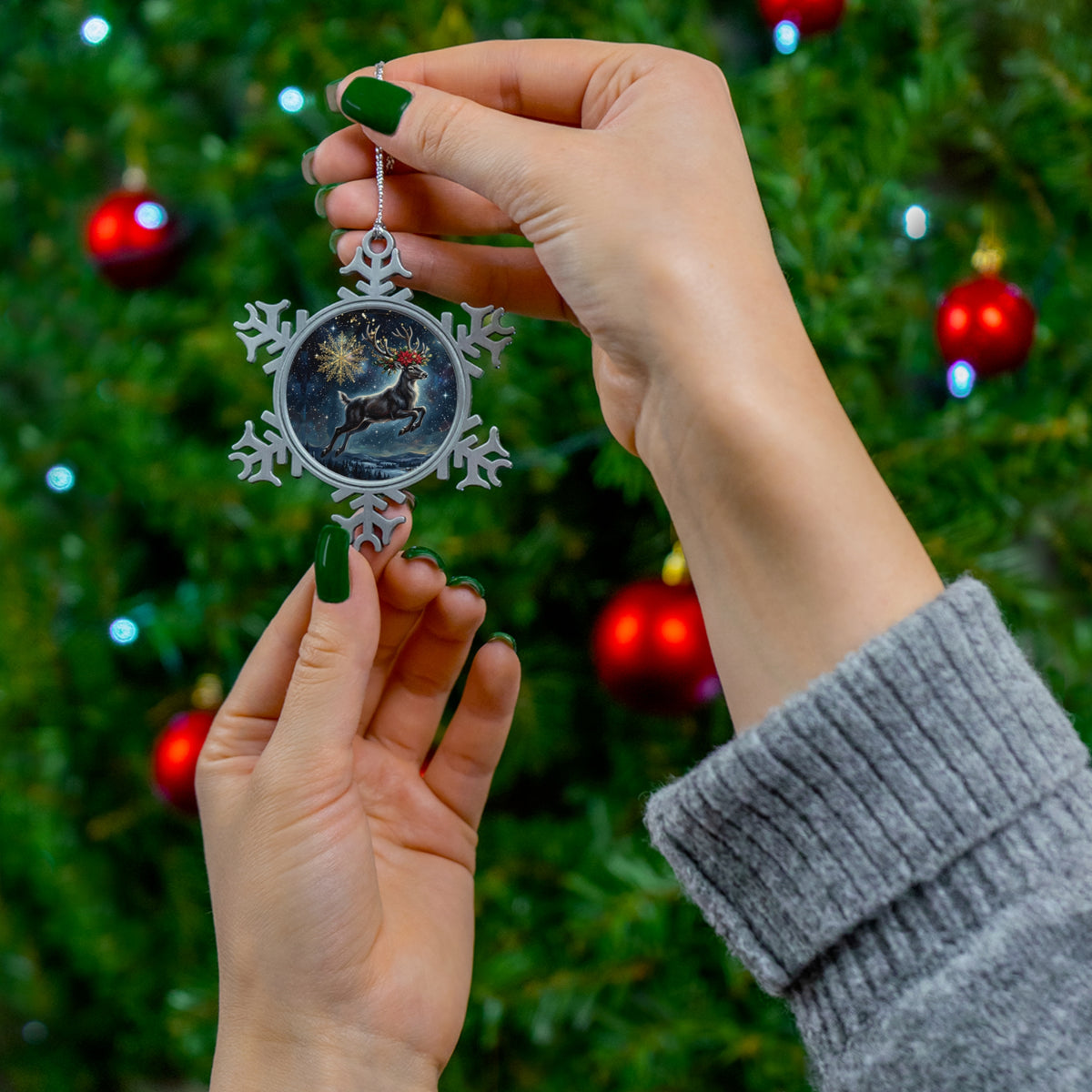 Pewter Snowflake Ornament with Magical Reindeer Globe — Holiday Christmas Tree Decoration