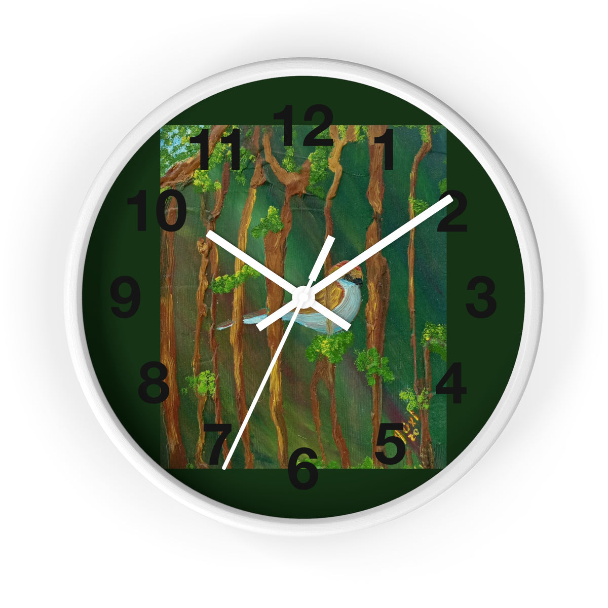 Forest Bird Wall Clock — Nature-Inspired Pine Tree Timepiece with Blue Jay Artwork