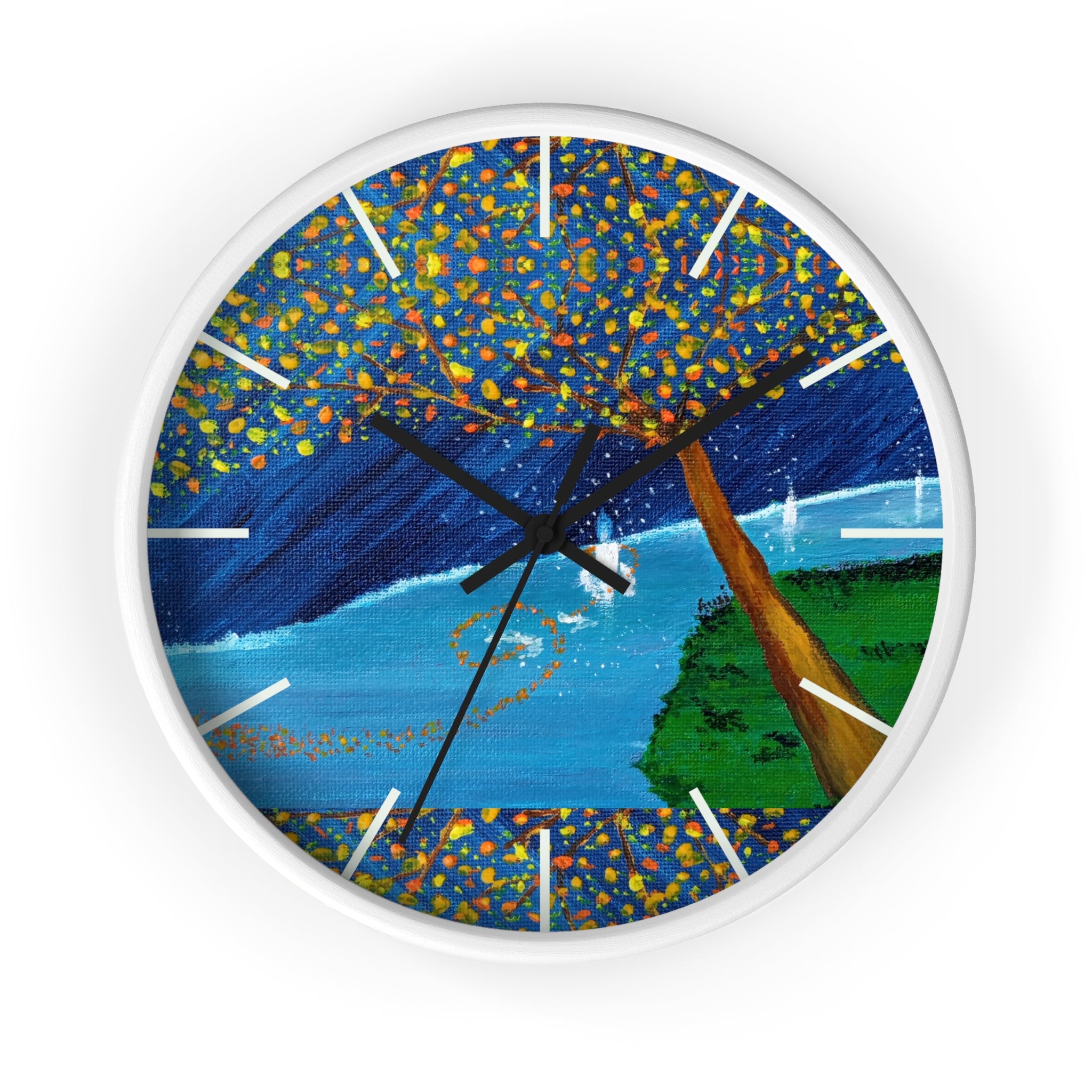 Coastal Tree Nightscape Wall Clock — Colorful Seaside Landscape Timepiece