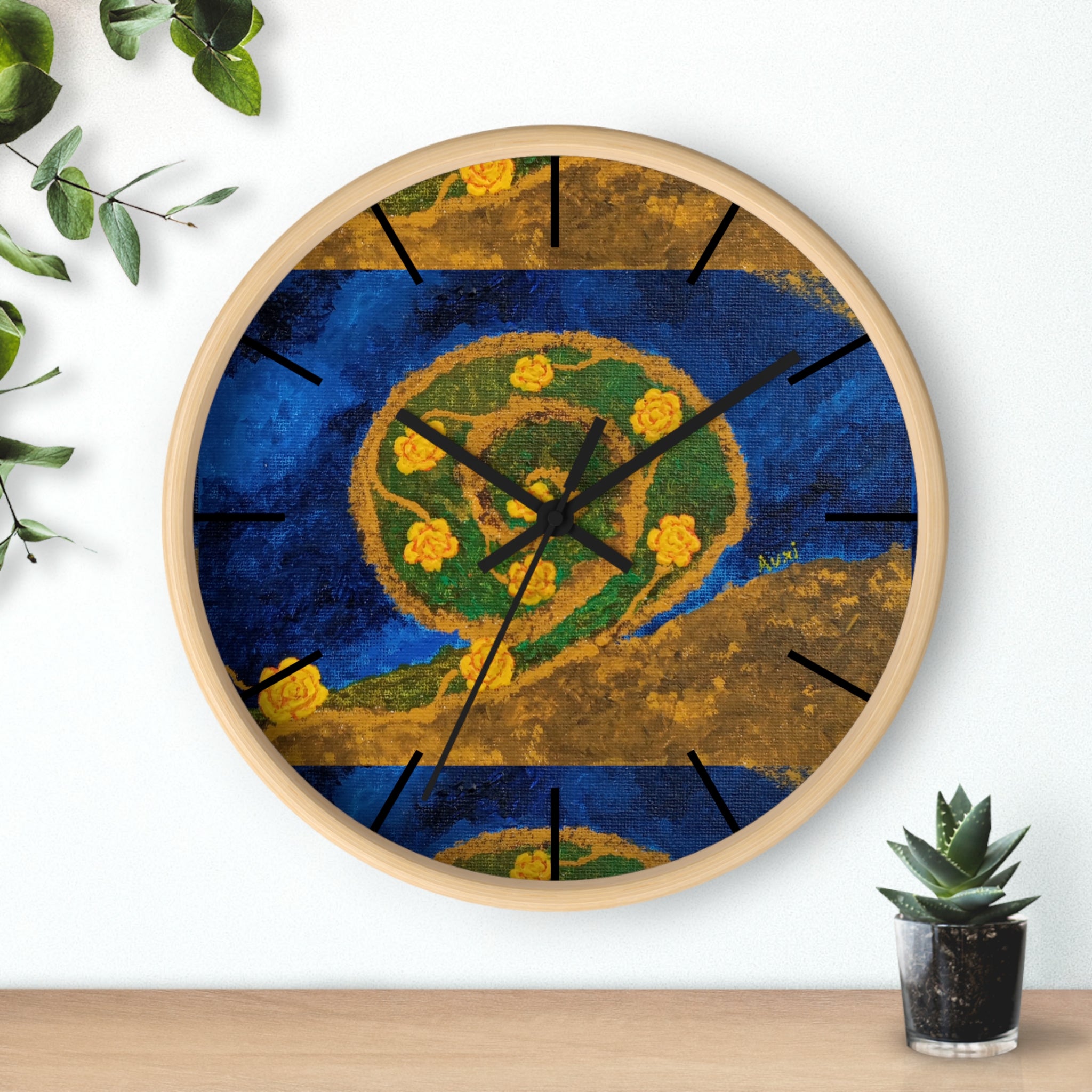Botanical Mandala Wall Clock — Floral Blue & Gold Decorative Clock