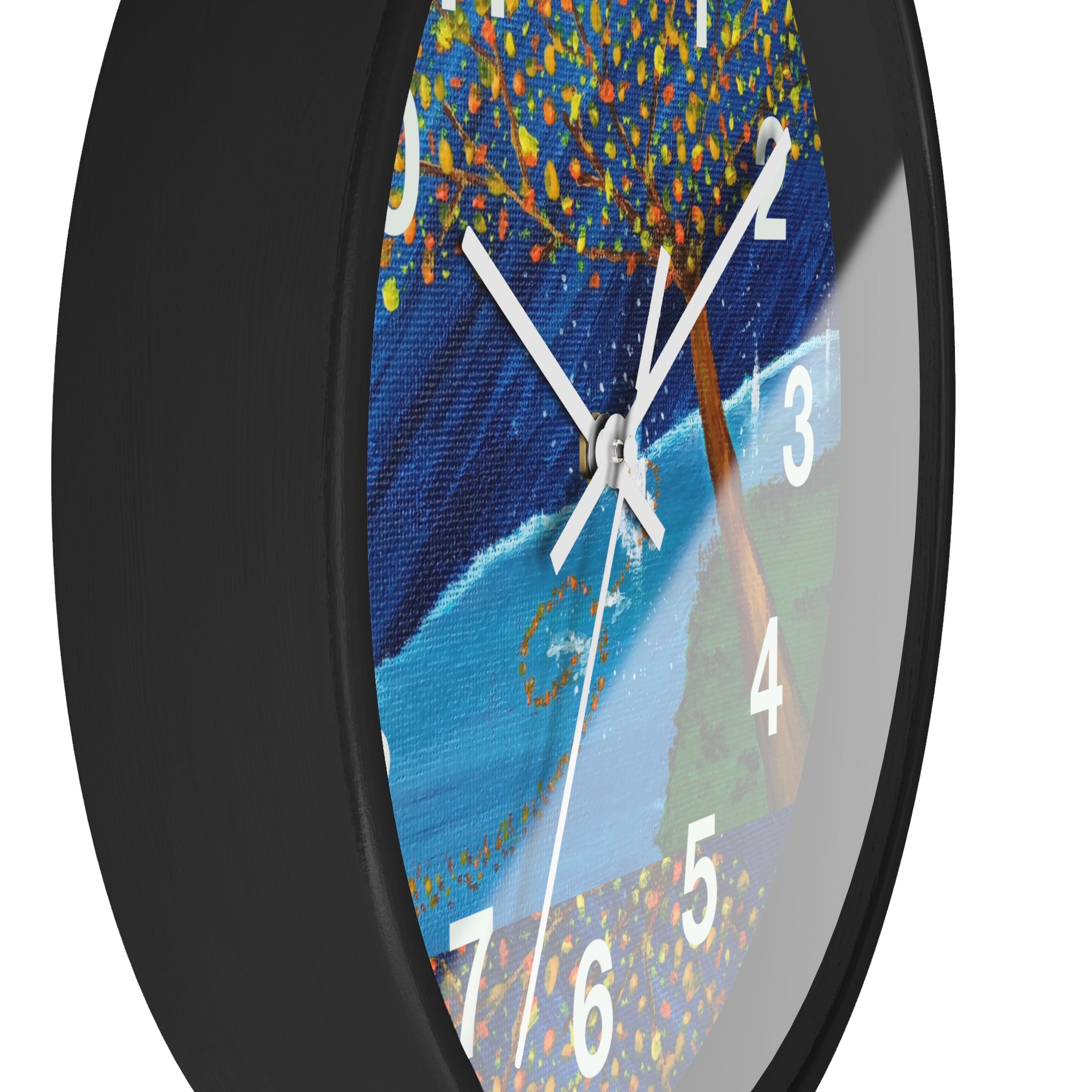 Coastal Tree Nightscape Wall Clock — Colorful Seaside Landscape Timepiece