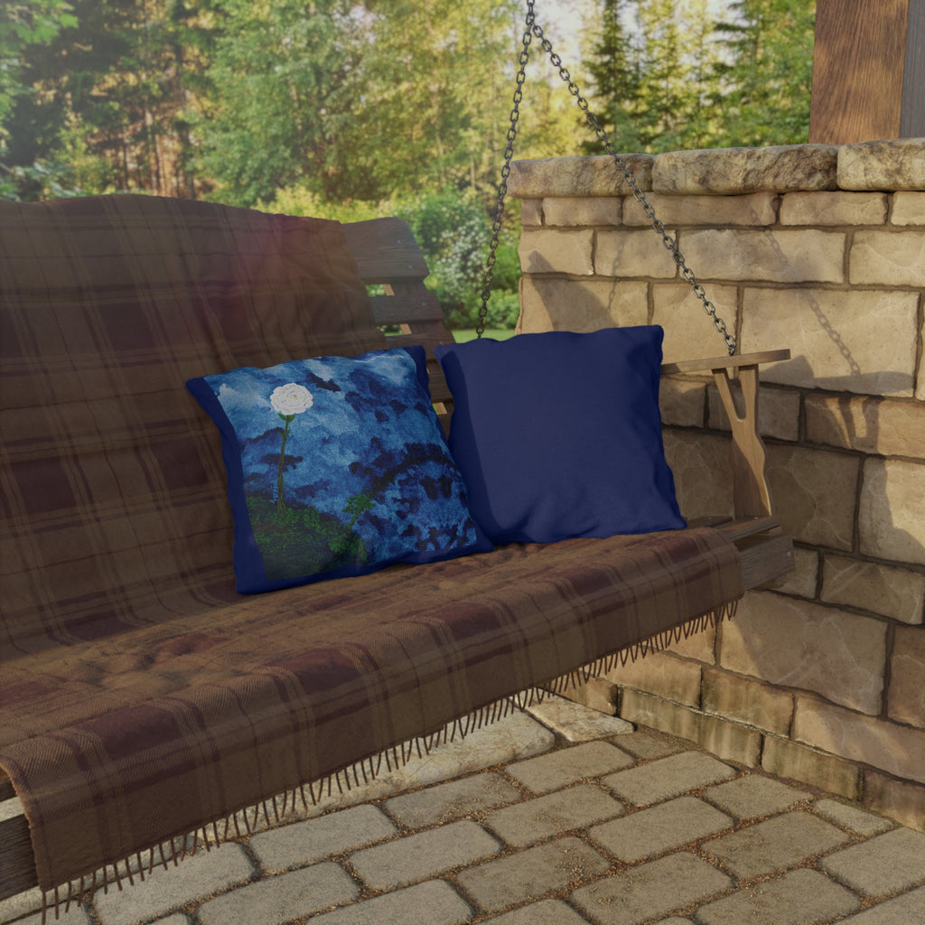 Blue Watercolor Rose Outdoor Pillow — Nautical Floral Patio Cushion