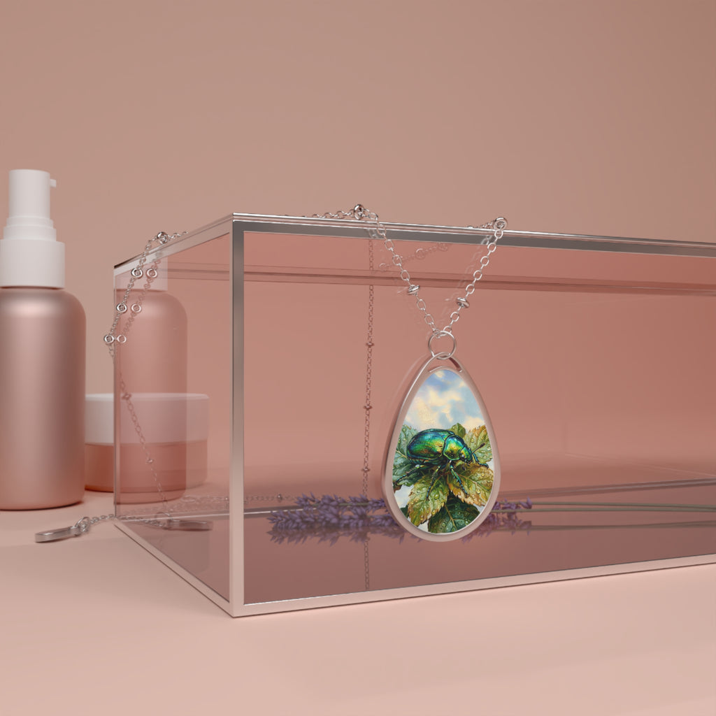 Silver Oval Pendant Necklace with Botanical Beetle Art – Nature-Inspired Teardrop Locket