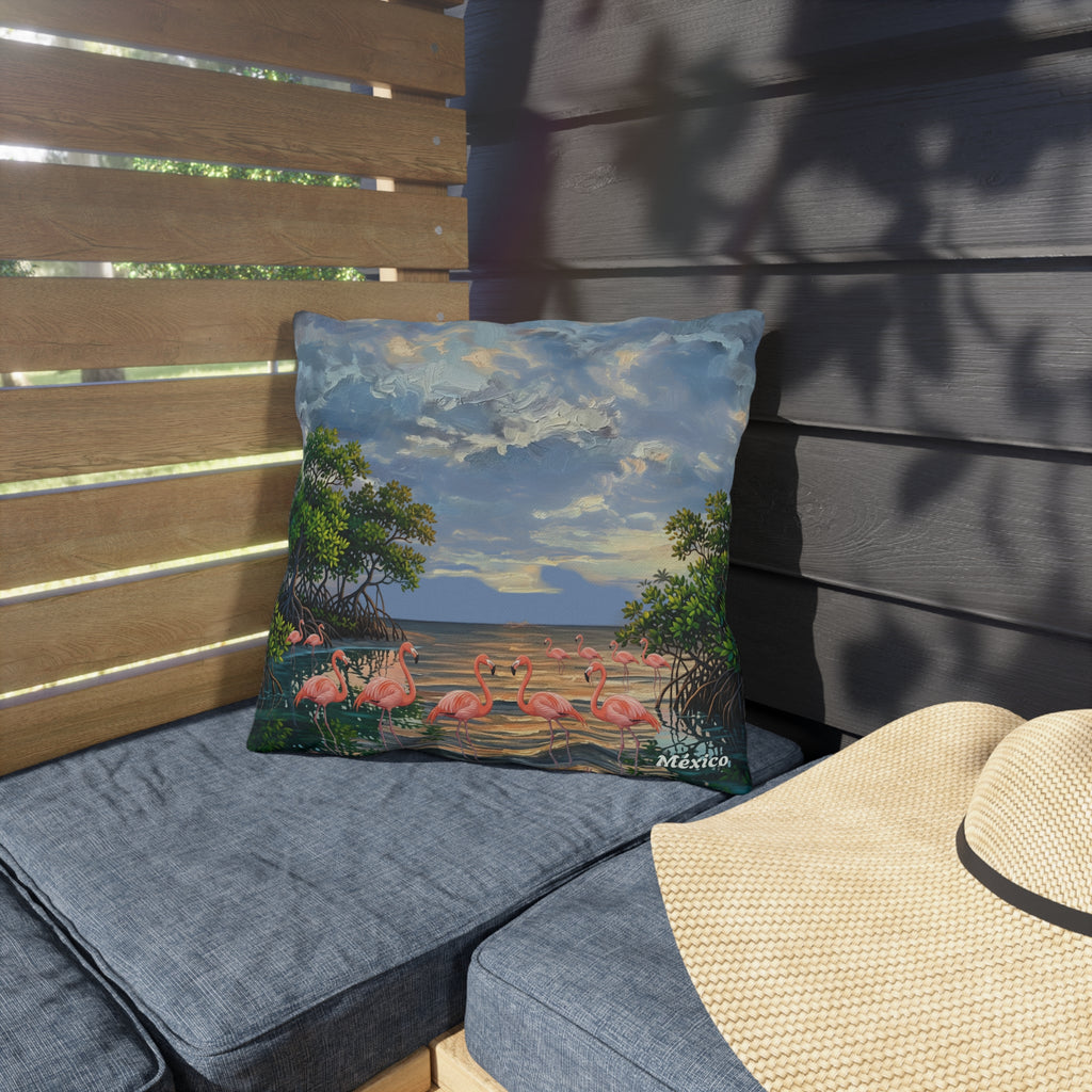 Flamingo Sunset Outdoor Pillow — Tropical Coastal Throw Pillow