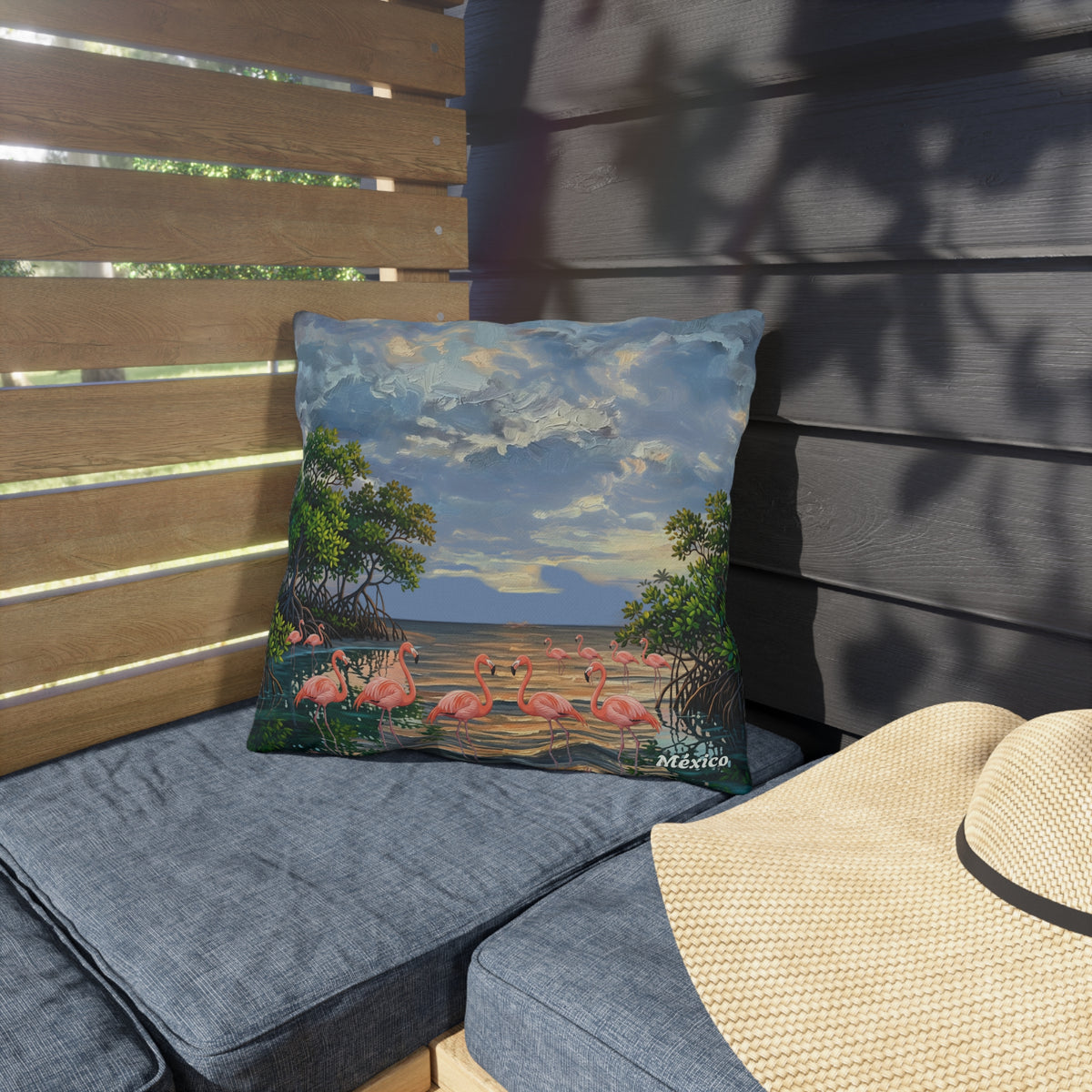 Flamingo Sunset Outdoor Pillow — Tropical Coastal Throw Pillow