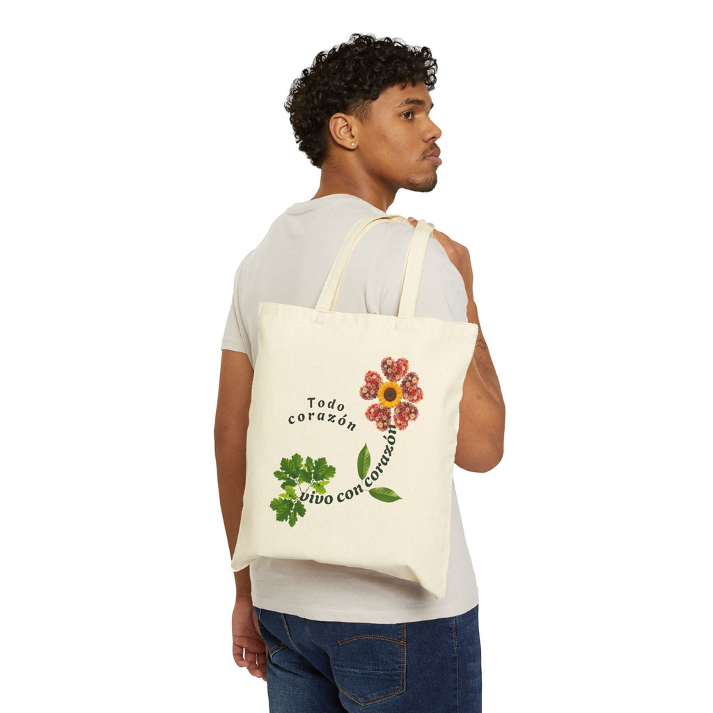 Tote Bag — 'Todo Corazón, Vivo con Corazón' Floral Cotton Canvas Tote