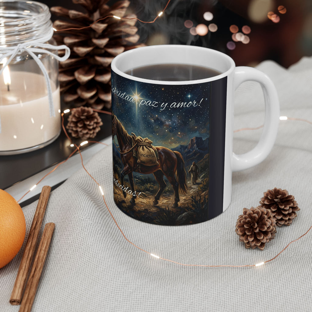 Ceramic Mug — Three Wise Men Nativity Design, "Felices fiestas, bendecidas" Holiday Coffee Cup