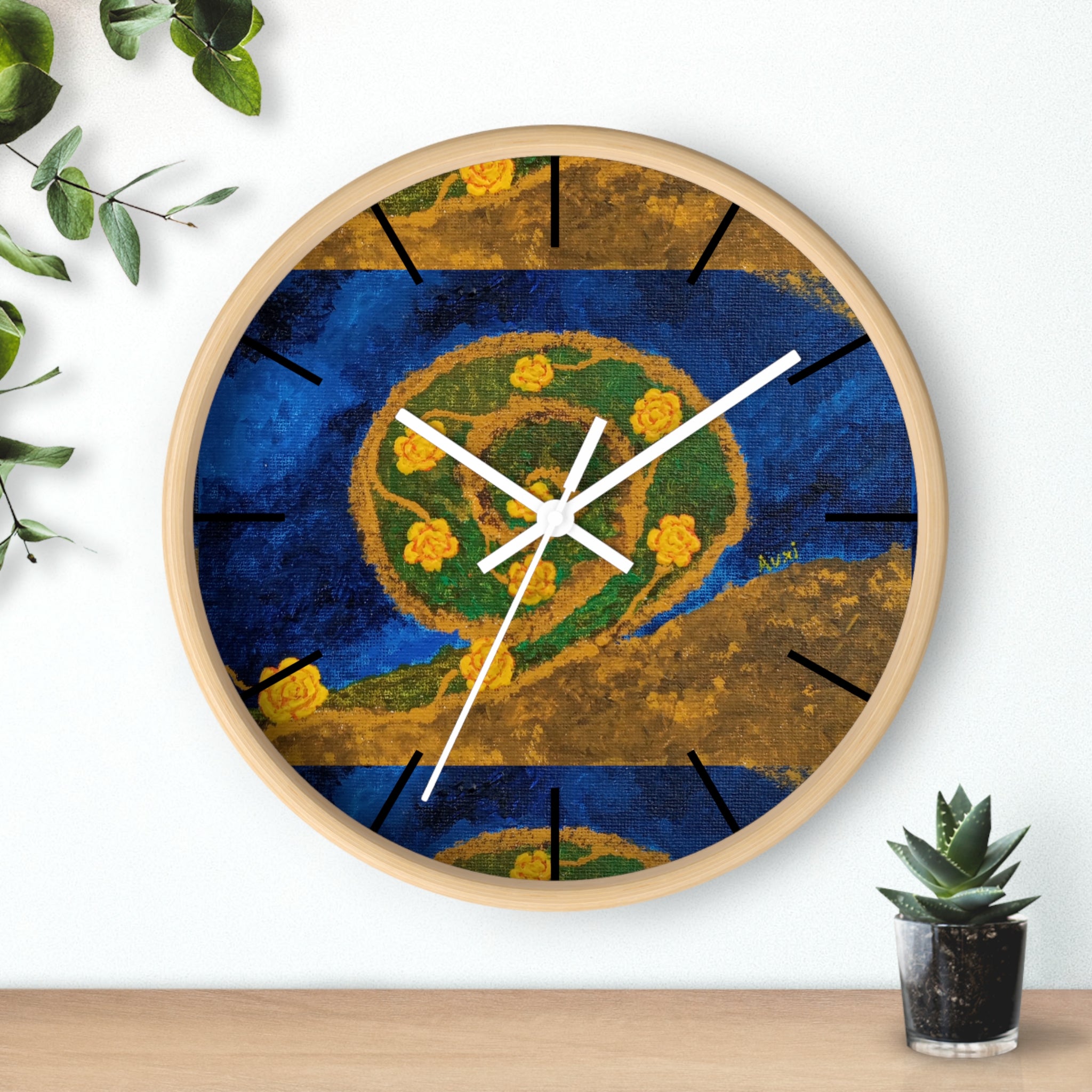 Botanical Mandala Wall Clock — Floral Blue & Gold Decorative Clock