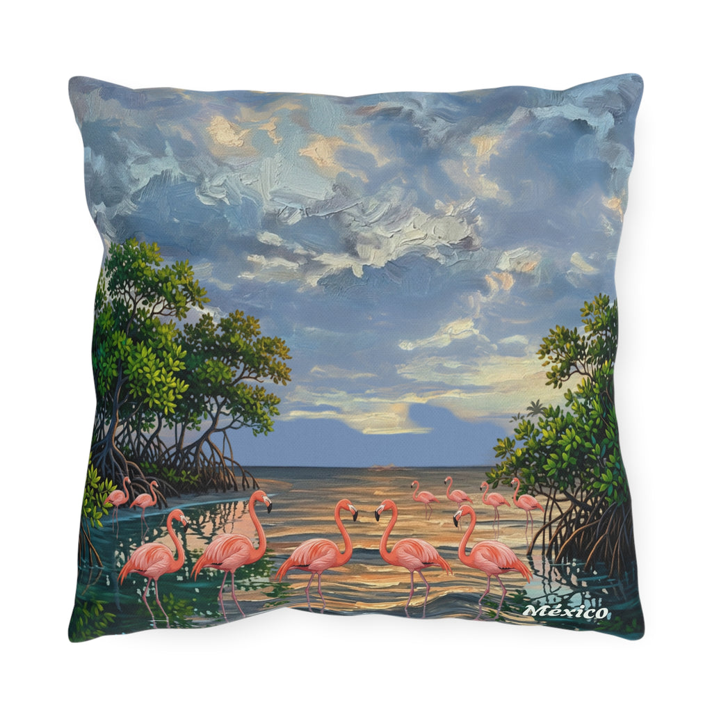 Flamingo Sunset Outdoor Pillow — Tropical Coastal Throw Pillow