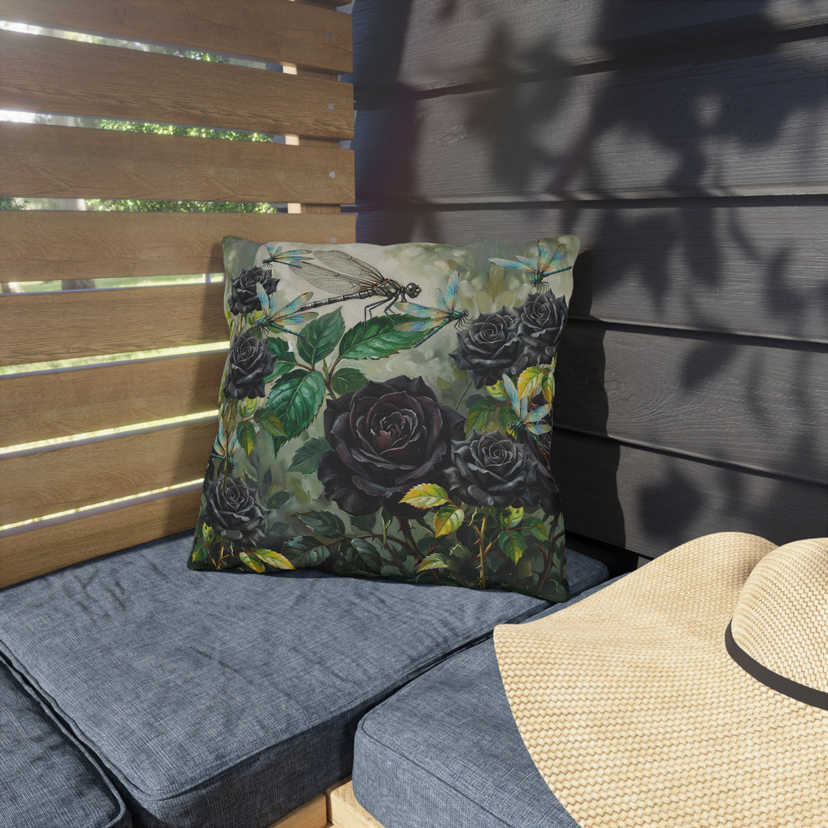Purple Rose & Dragonfly Outdoor Pillow — Gothic Floral Patio Cushion