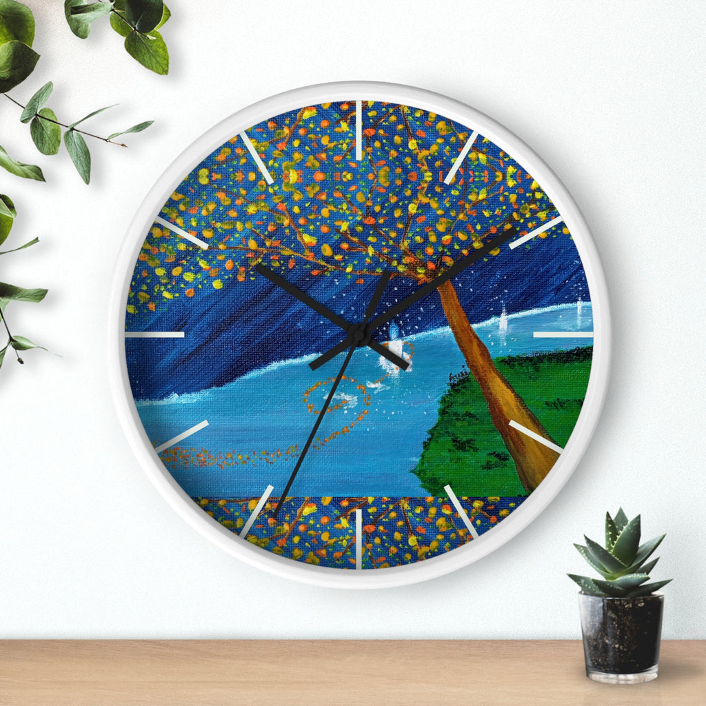 Coastal Tree Nightscape Wall Clock — Colorful Seaside Landscape Timepiece