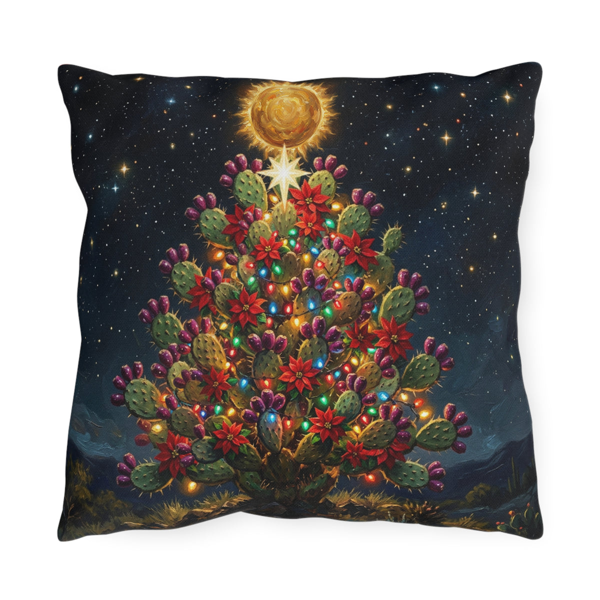 Southwestern Cactus Christmas Outdoor Pillow — Festive Desert Holiday Decor