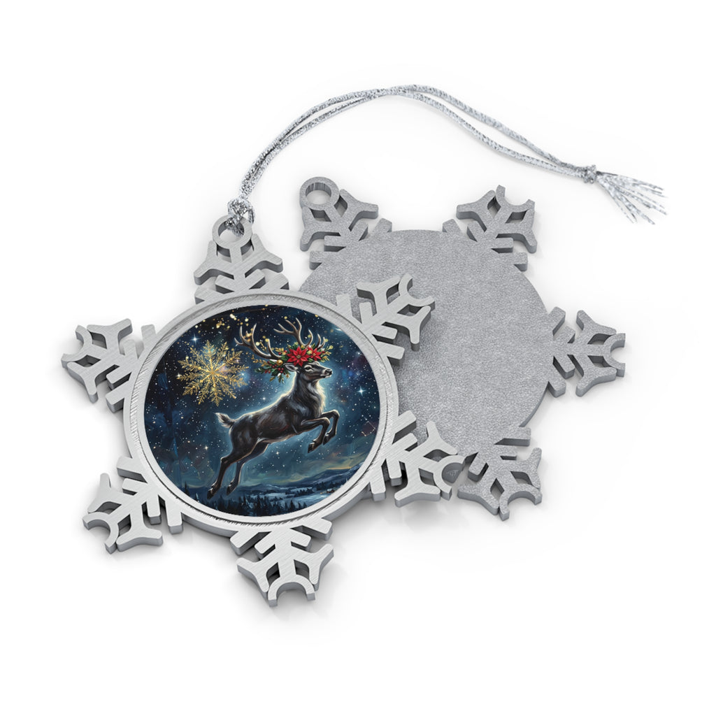 Pewter Snowflake Ornament with Magical Reindeer Globe — Holiday Christmas Tree Decoration