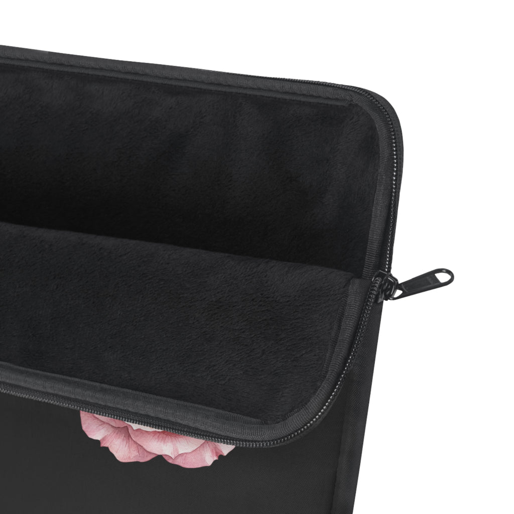 Floral Rose Trio Laptop Sleeve — Pink Peony Flowers with Ladybug on Black