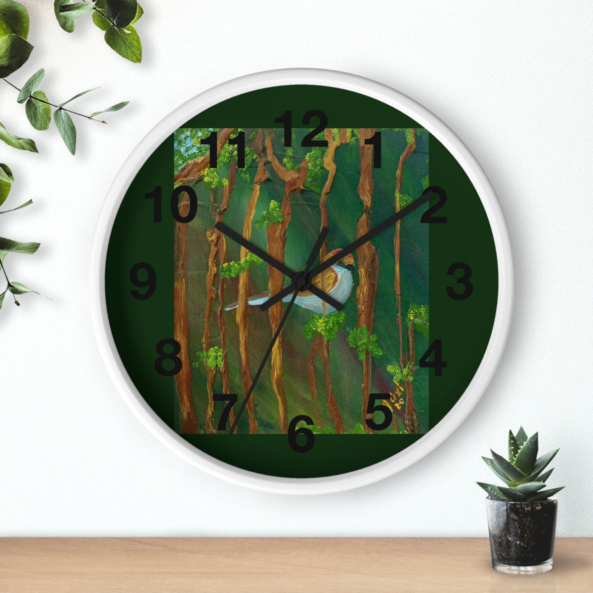 Forest Bird Wall Clock — Nature-Inspired Pine Tree Timepiece with Blue Jay Artwork