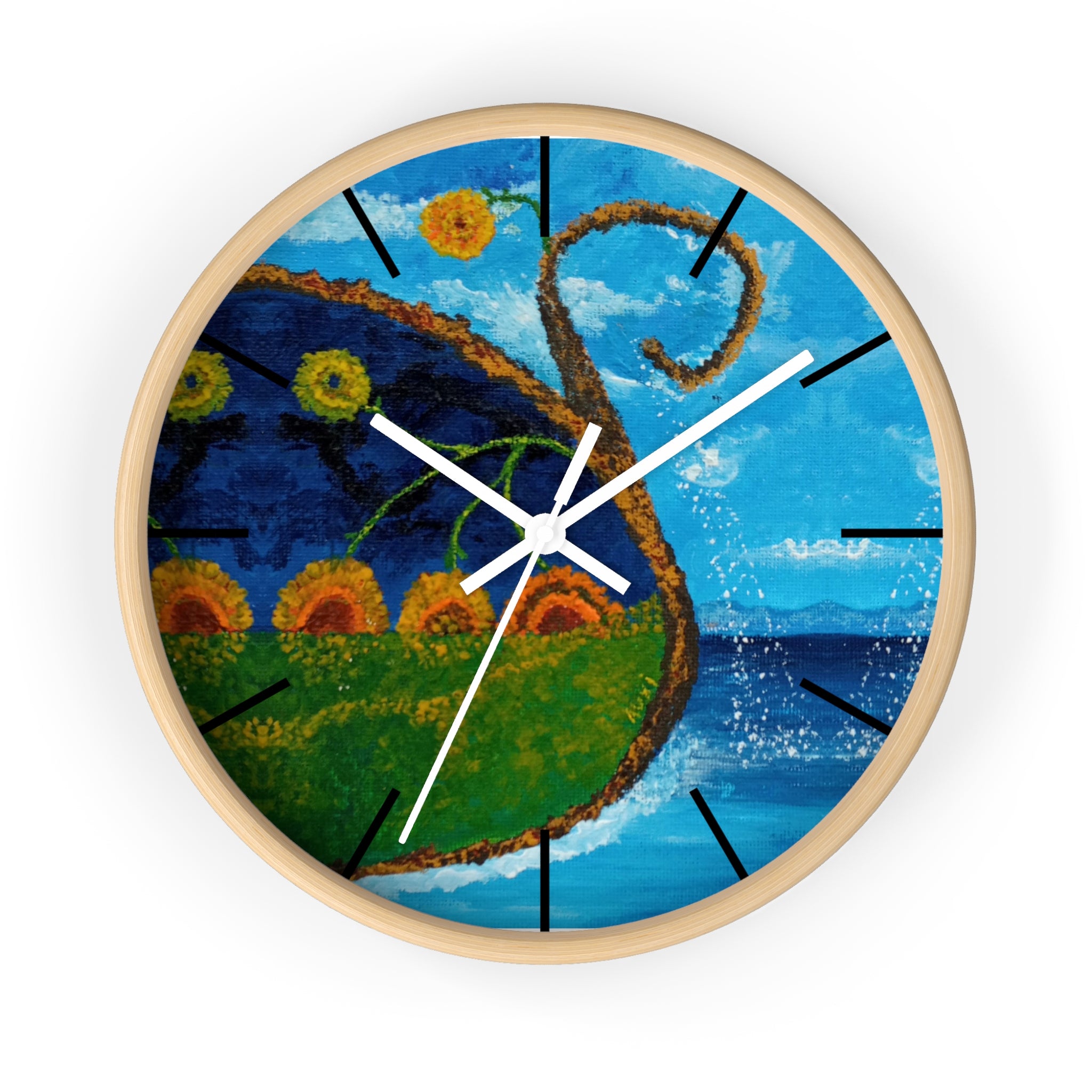 Coastal Sunrise Art Wall Clock — Whimsical Seascape with Sunflowers