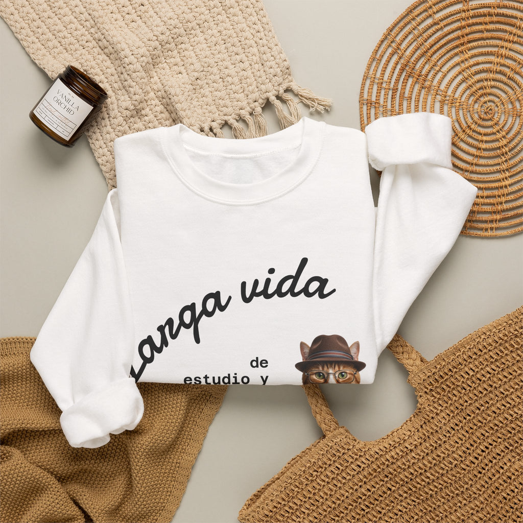 Crewneck Sweatshirt — "Larga vida de estudio y dedicación" Cat Design