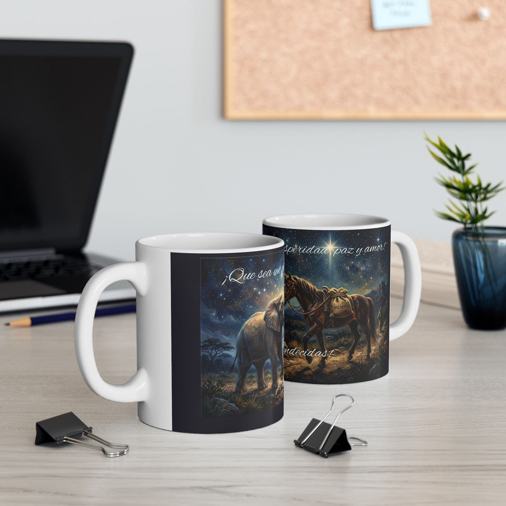 Ceramic Mug — Three Wise Men Nativity Design, "Felices fiestas, bendecidas" Holiday Coffee Cup