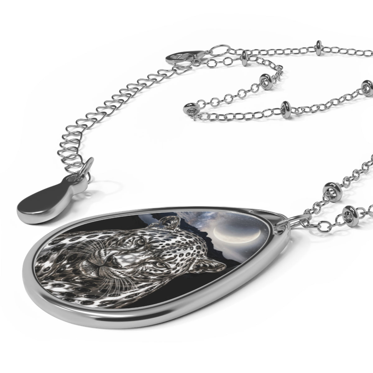 Leopard Moon Oval Necklace — Silver Teardrop Pendant with Night Sky Leopard Design