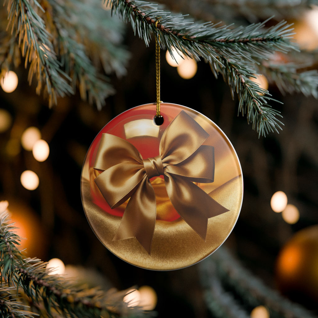Gold Bow Heart Ceramic Ornament —