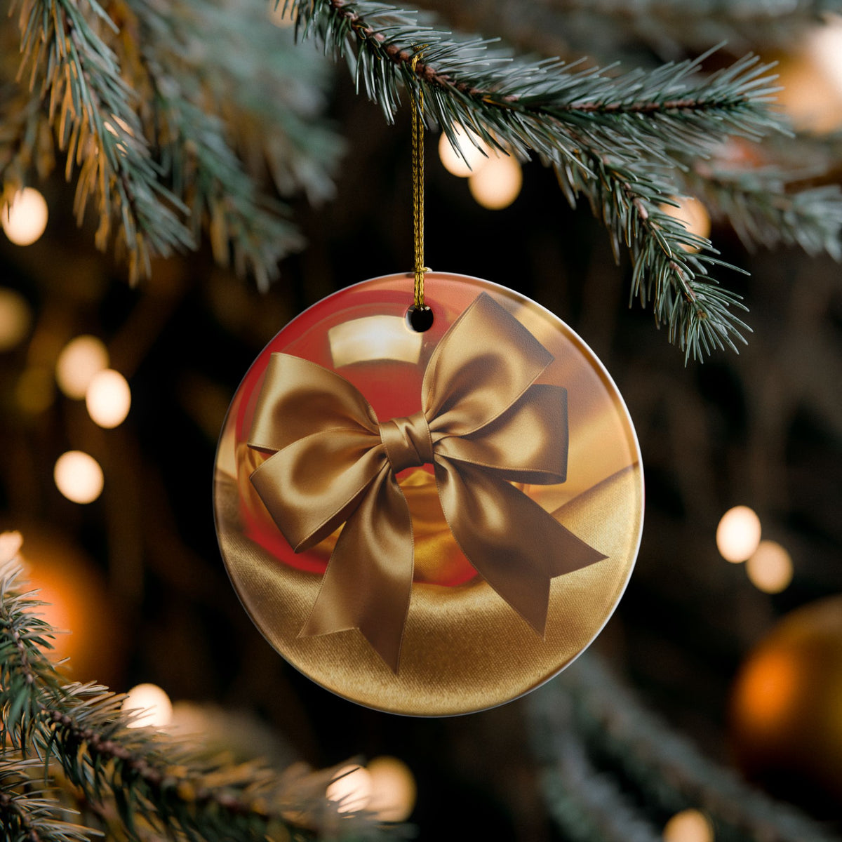 Gold Bow Heart Ceramic Ornament —