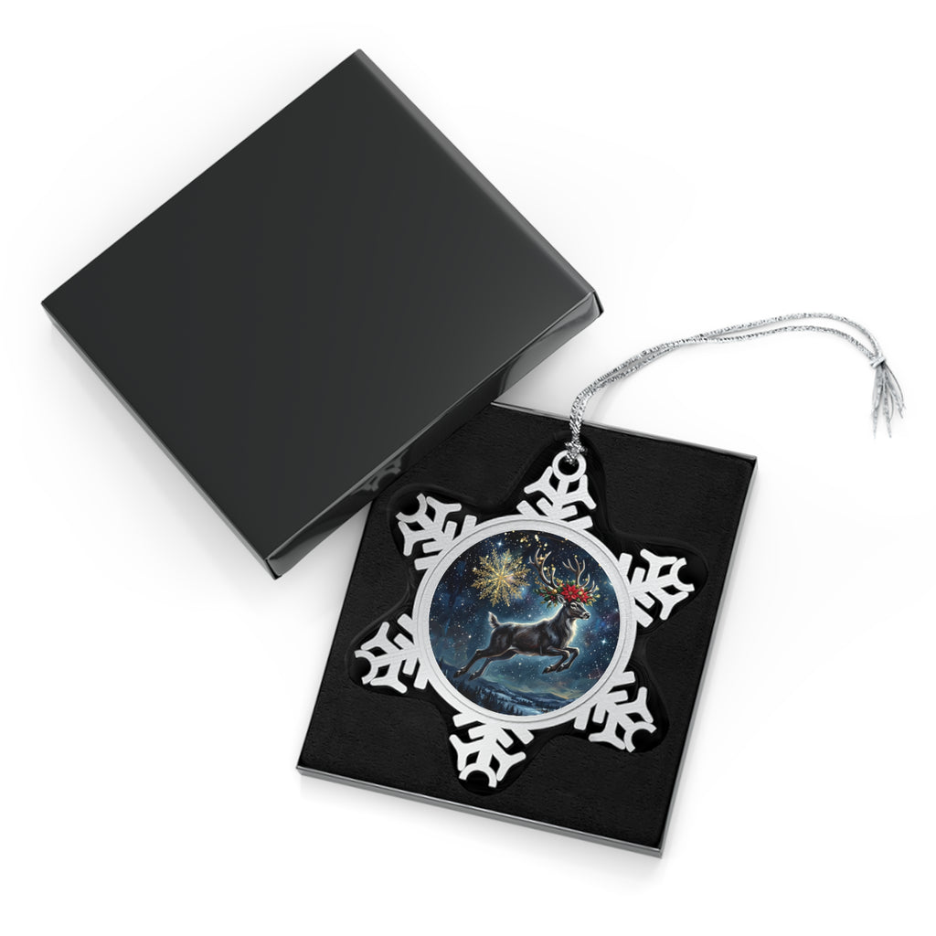 Pewter Snowflake Ornament with Magical Reindeer Globe — Holiday Christmas Tree Decoration