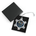Pewter Snowflake Ornament with Magical Reindeer Globe — Holiday Christmas Tree Decoration