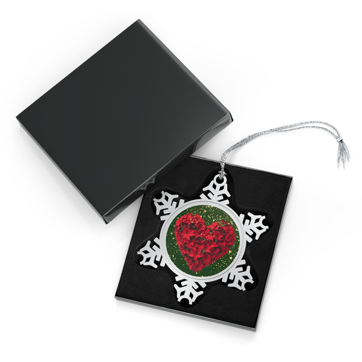 Pewter Snowflake Ornament with Red Heart Floral Design — Holiday Christmas Tree Decoration