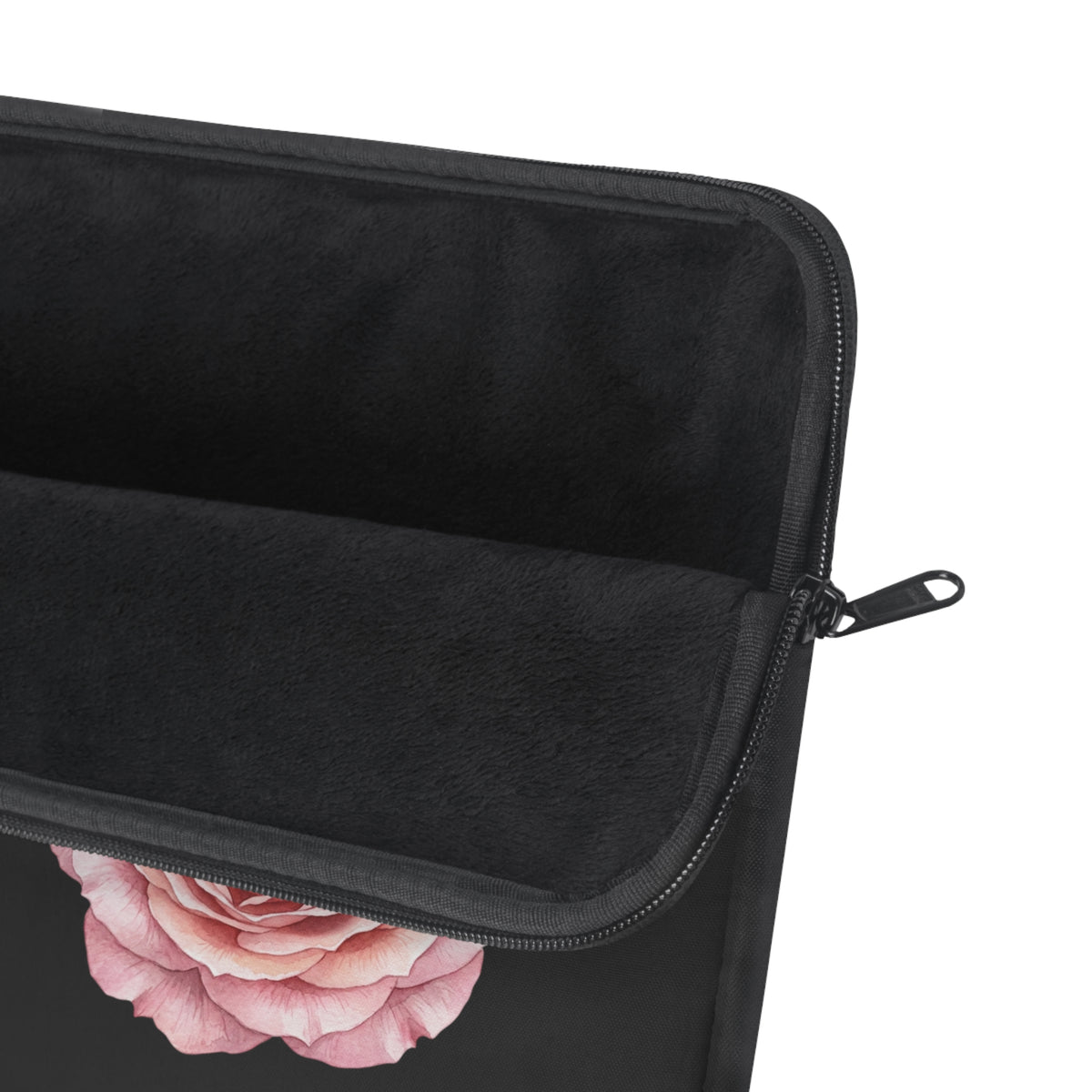 Floral Rose Trio Laptop Sleeve — Pink Peony Flowers with Ladybug on Black