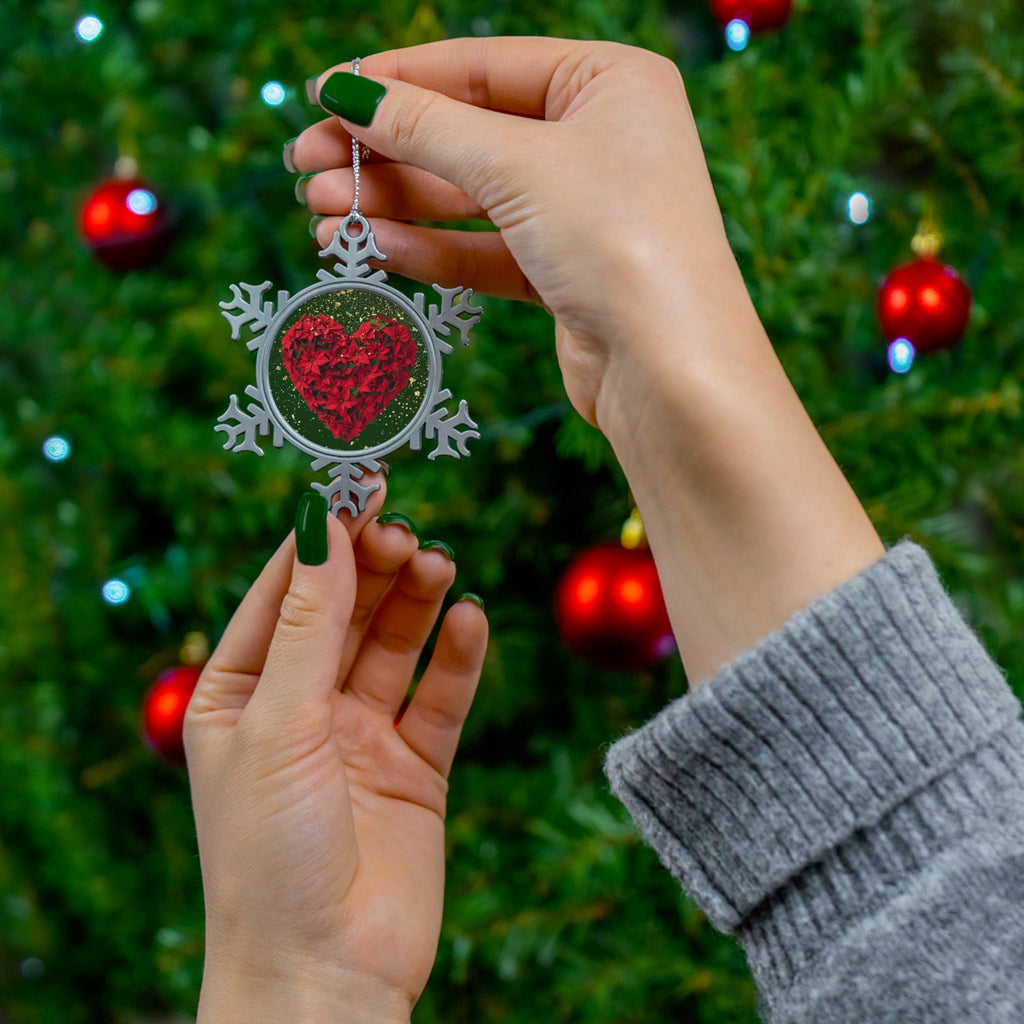 Pewter Snowflake Ornament with Red Heart Floral Design — Holiday Christmas Tree Decoration