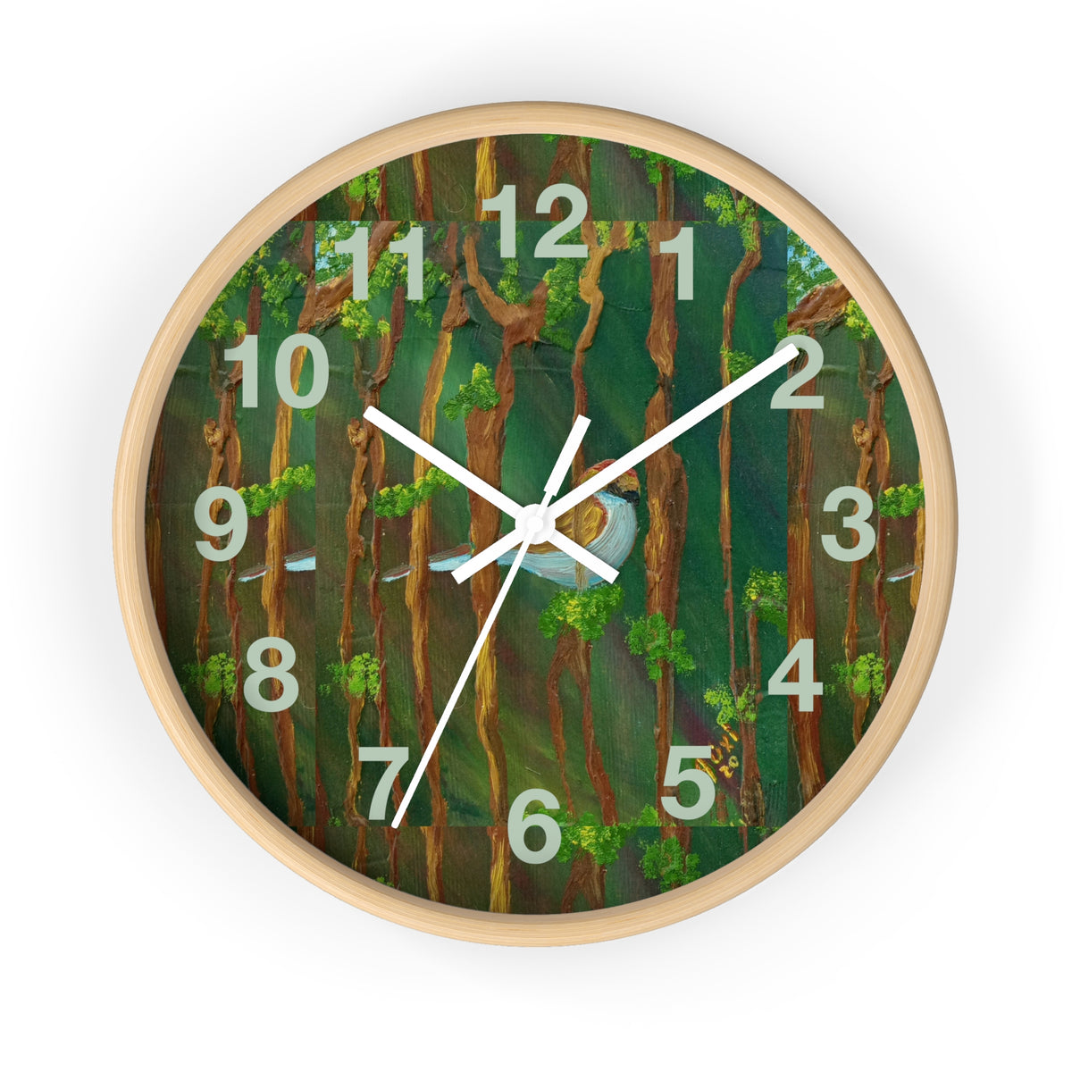 Forest Bird Wall Clock — Nature-Inspired Pine Tree Timepiece with Blue Jay Artwork