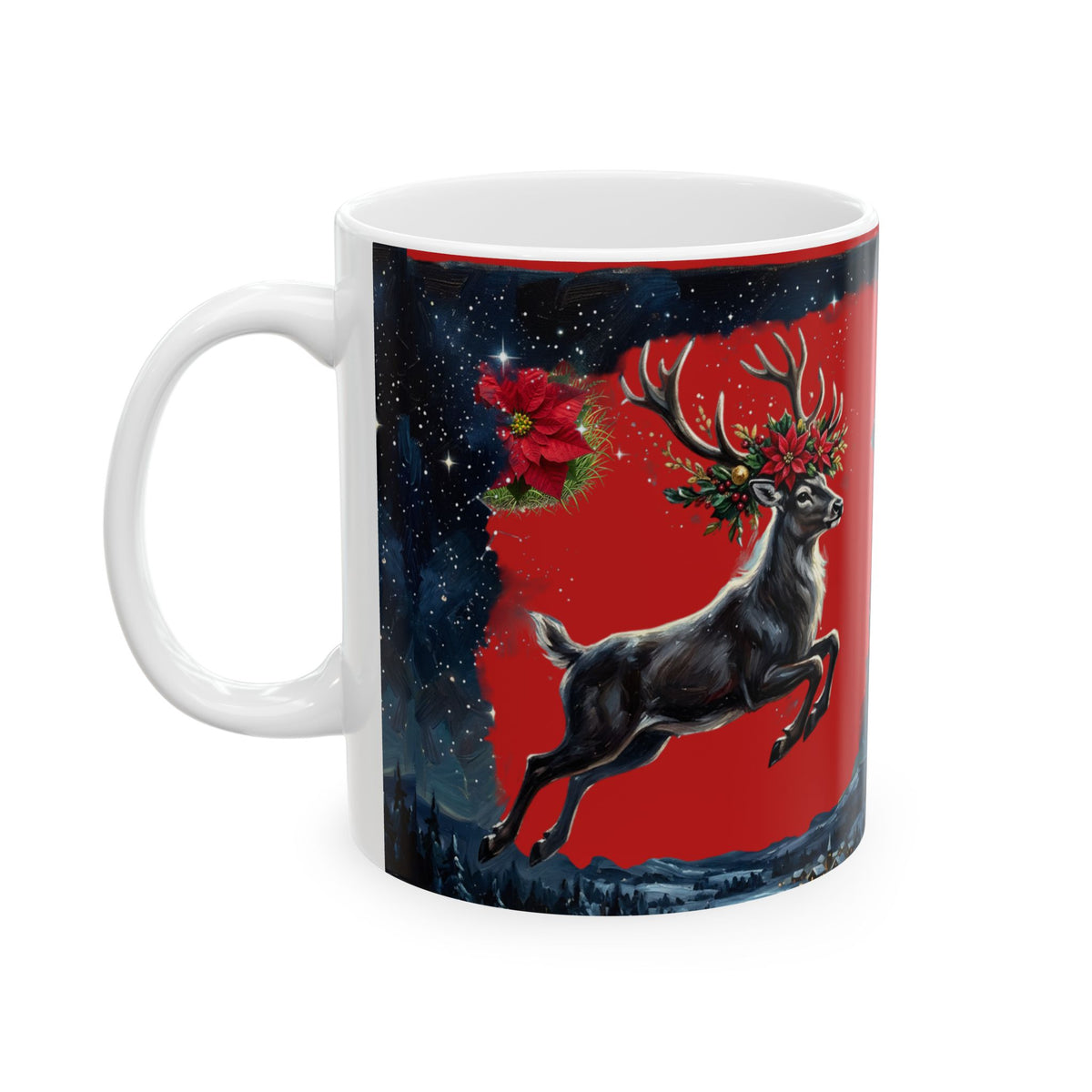 Holiday Reindeer Mug — Festive Night Sky Ceramic Coffee Cup (11oz & 15oz)
