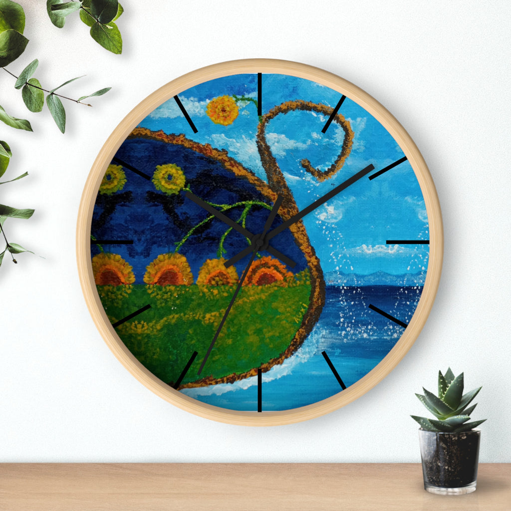Coastal Sunrise Art Wall Clock — Whimsical Seascape with Sunflowers