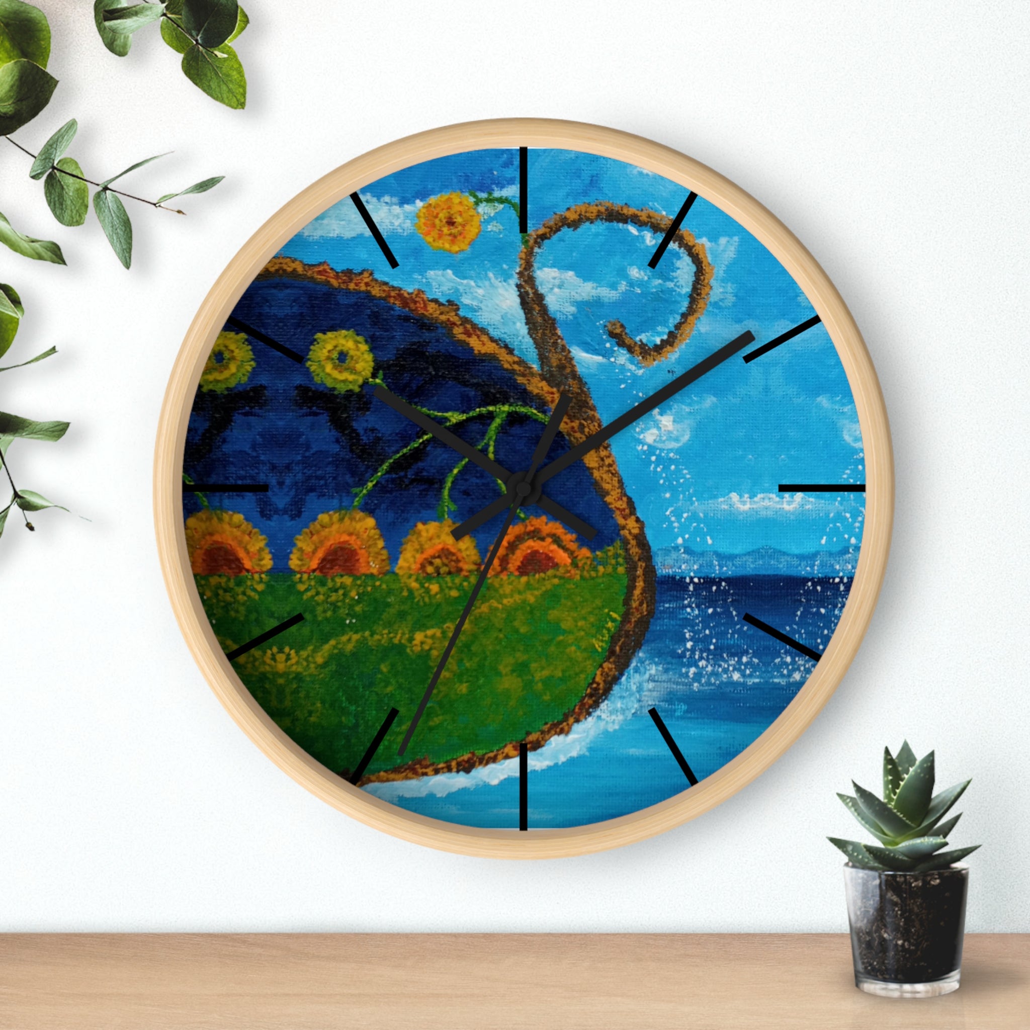Coastal Sunrise Art Wall Clock — Whimsical Seascape with Sunflowers