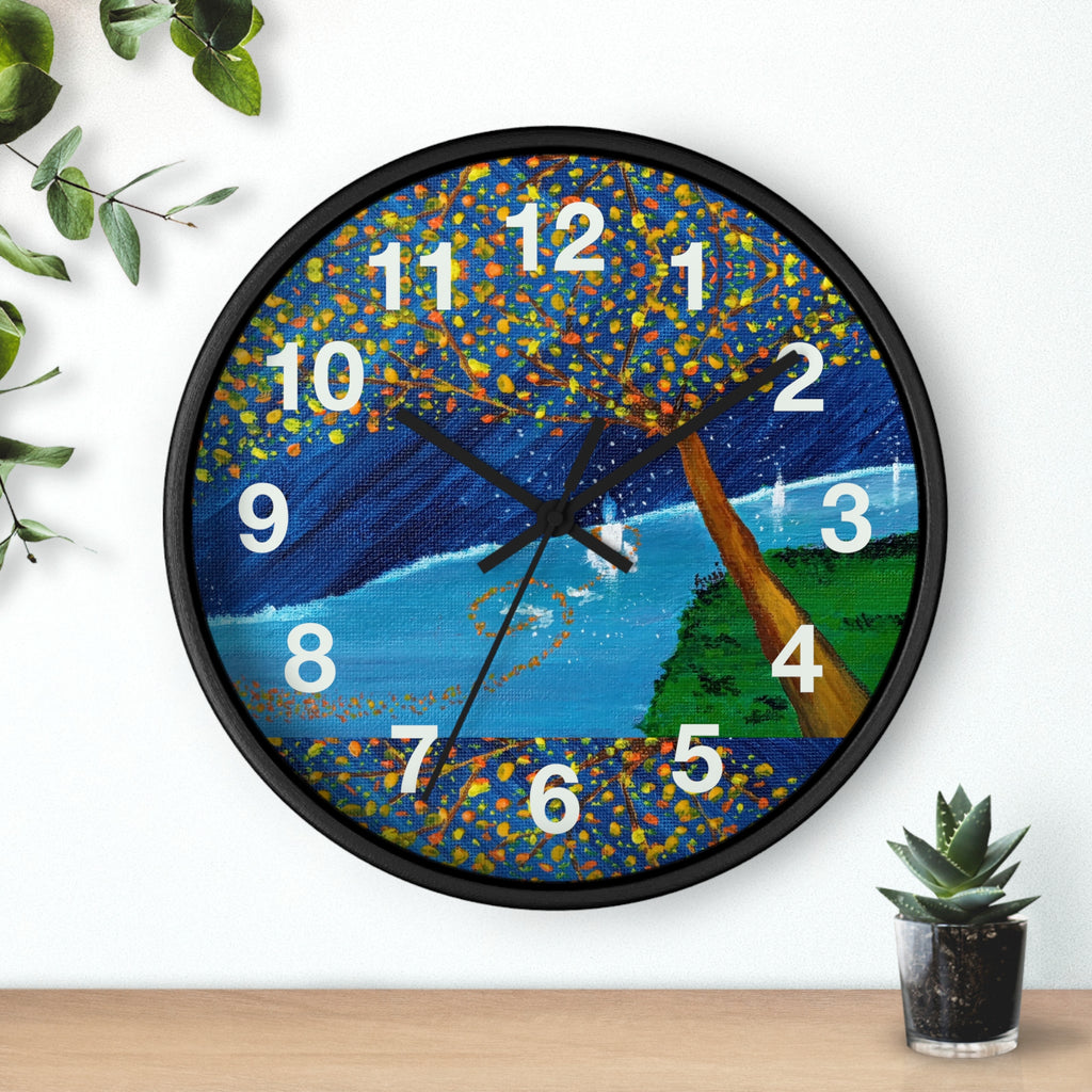 Coastal Tree Nightscape Wall Clock — Colorful Seaside Landscape Timepiece