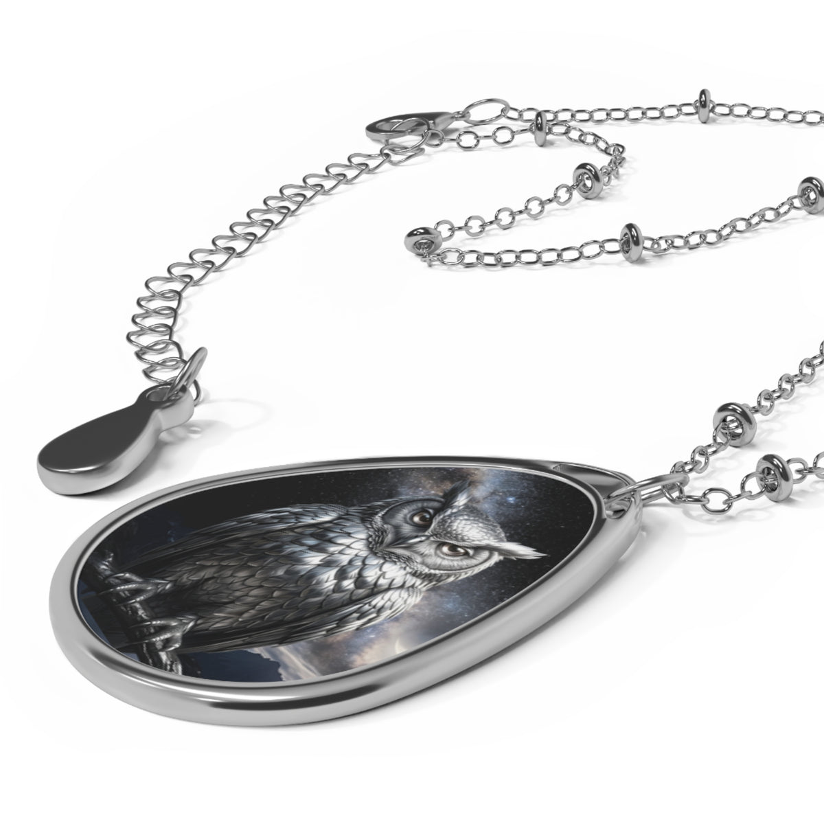 Owl Oval Pendant Necklace – Gothic Moonlit Owl Teardrop Jewelry