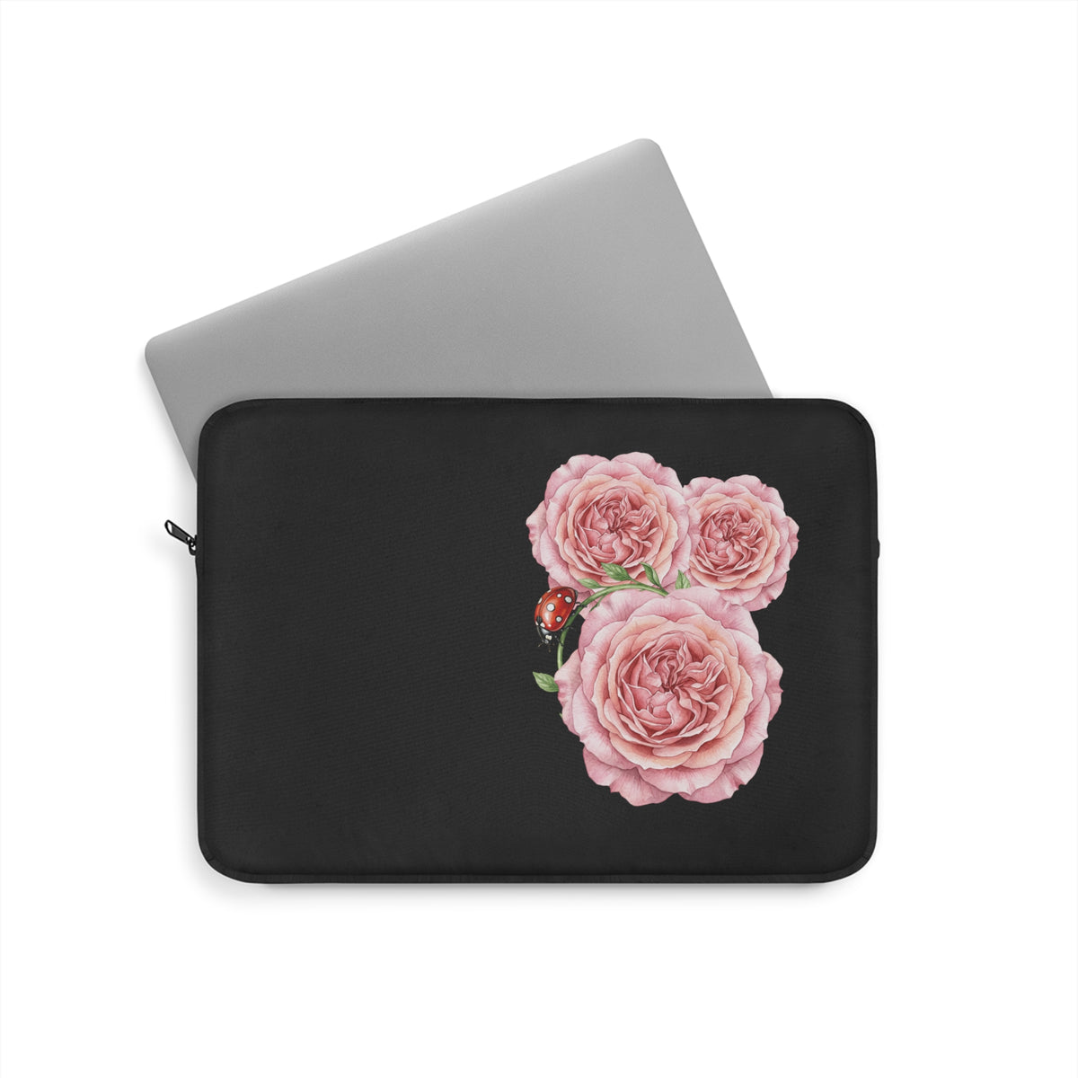 Floral Rose Trio Laptop Sleeve — Pink Peony Flowers with Ladybug on Black