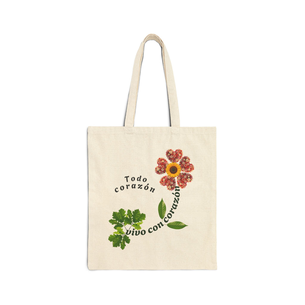 Tote Bag — 'Todo Corazón, Vivo con Corazón' Floral Cotton Canvas Tote