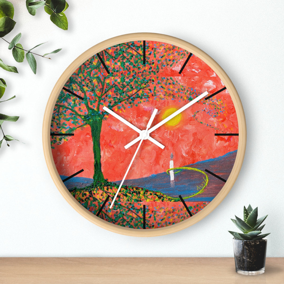 Sunset Reflection Wall Clock — Colorful Tree Lake Art Clock